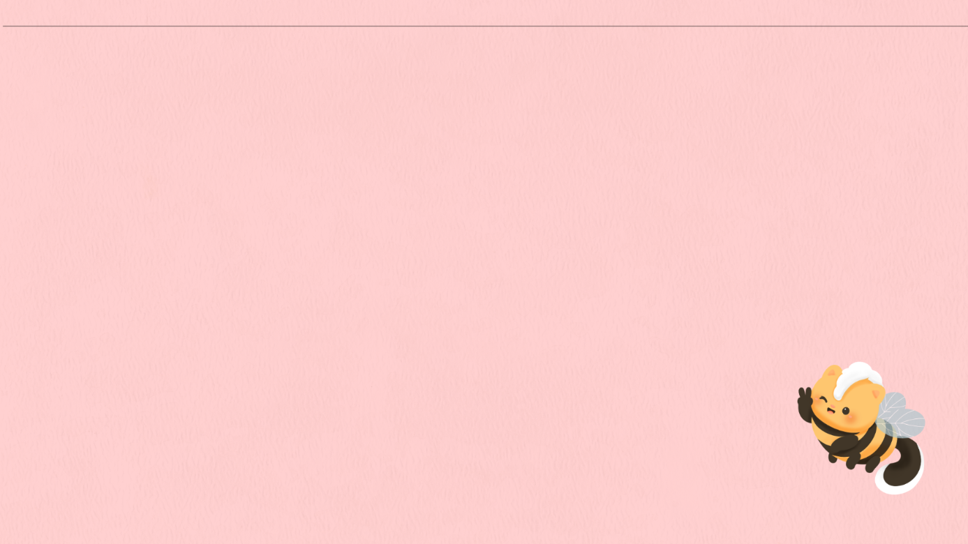 A minimalist pink background with a small cartoon bee in the bottom-right corner. The bee is yellow and black with white wings and a white head.