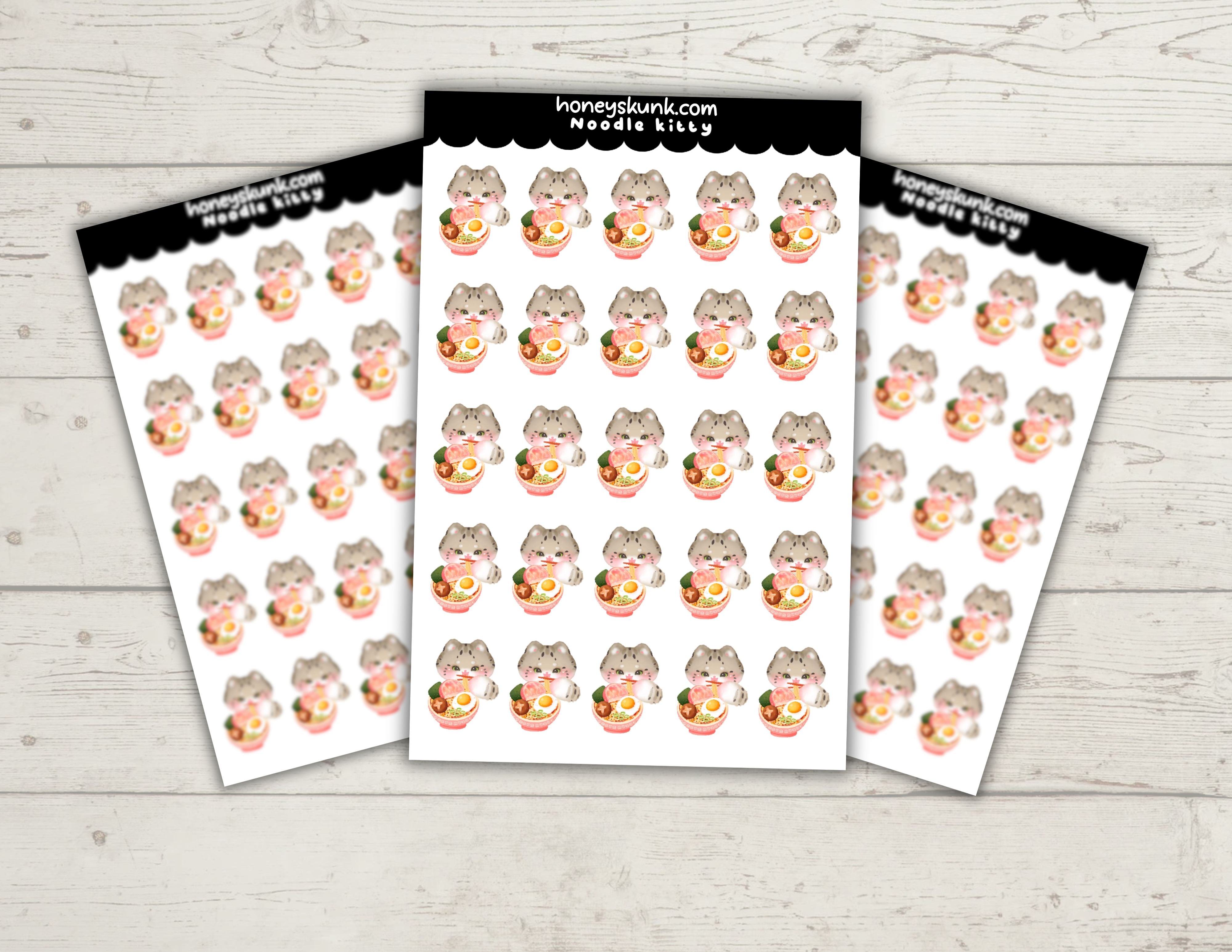 Kawaii Ramen Cat Planner Stickers, Cute Noodle Kitty Journal Icons Sheet