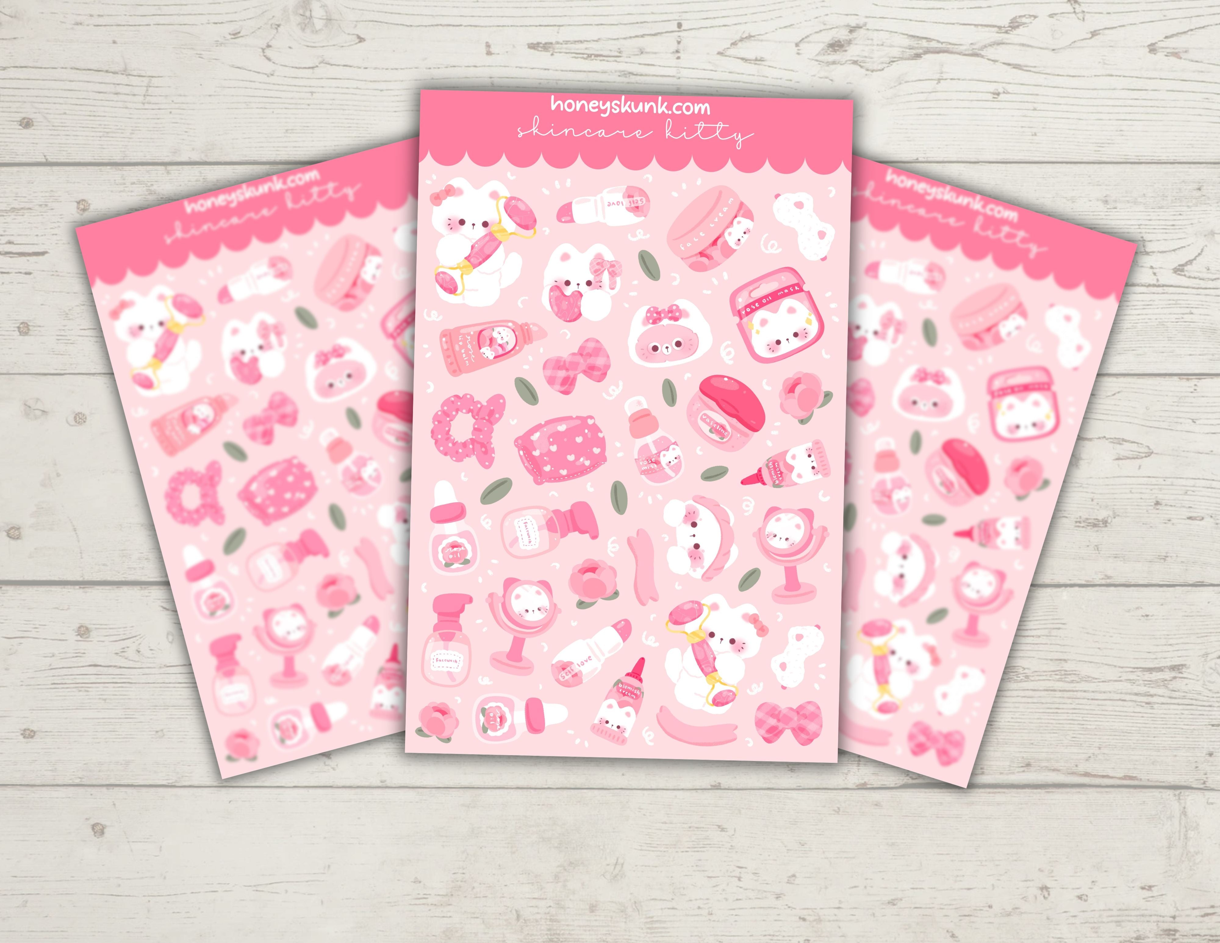 Kawaii Skincare Kitty Stickers, Cute Pink Beauty Aesthetic Decals for Kindle & Laptop