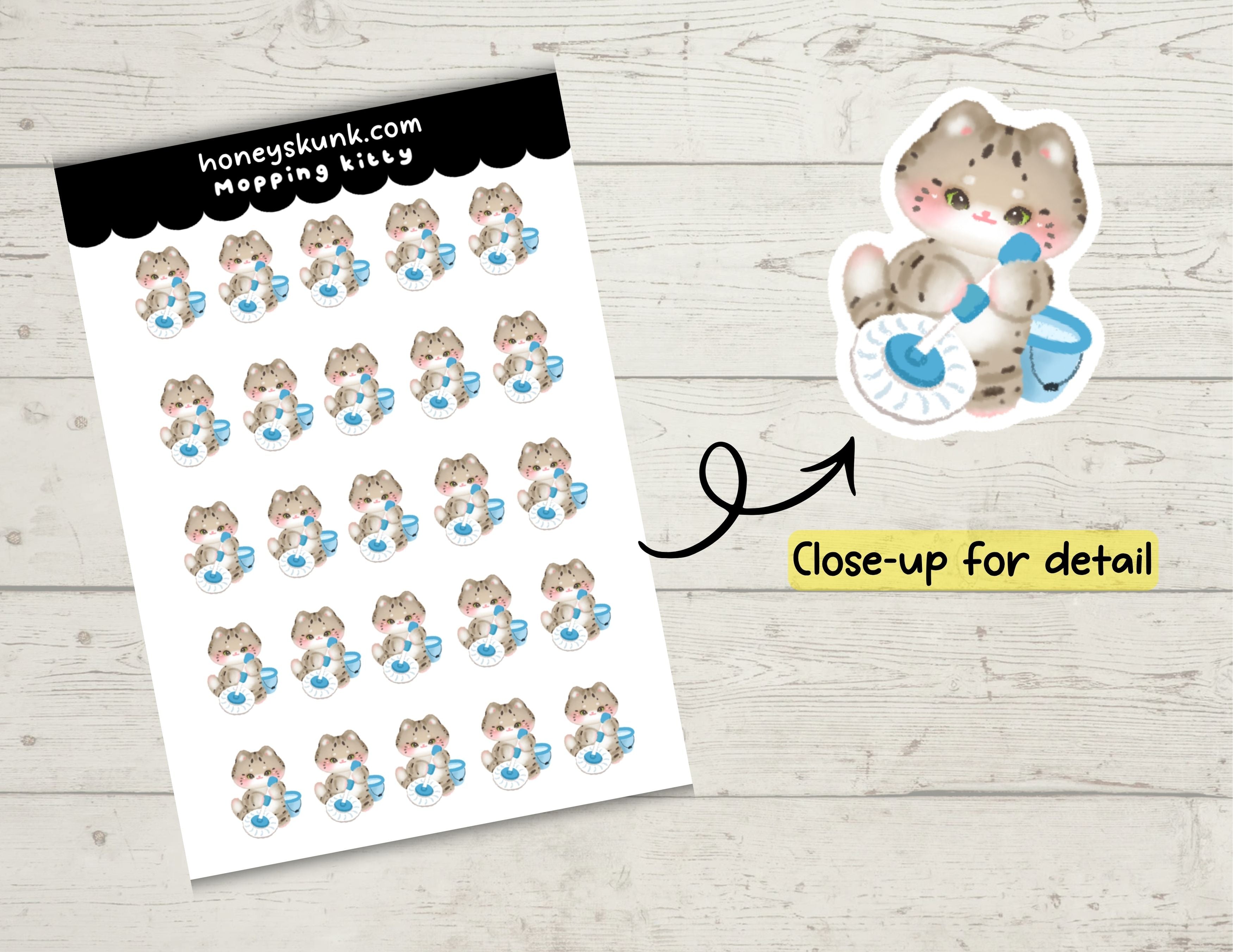 Kawaii Mopping Kitty Functional Planner Sticker Sheet 4x6 Sheet