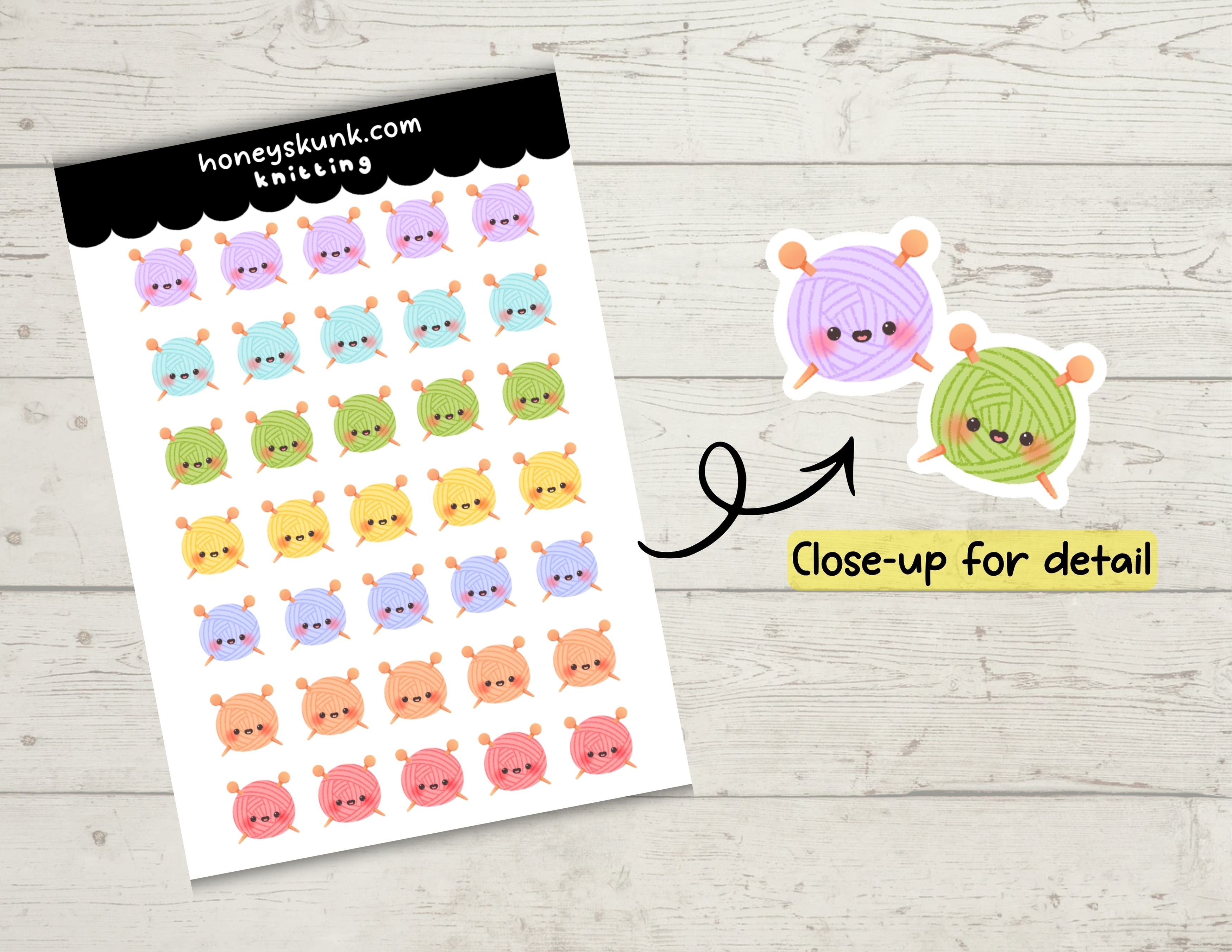 Kawaii Yarn and Knitting Needles Functional Planner Sticker Sheet 4x6 Sheet