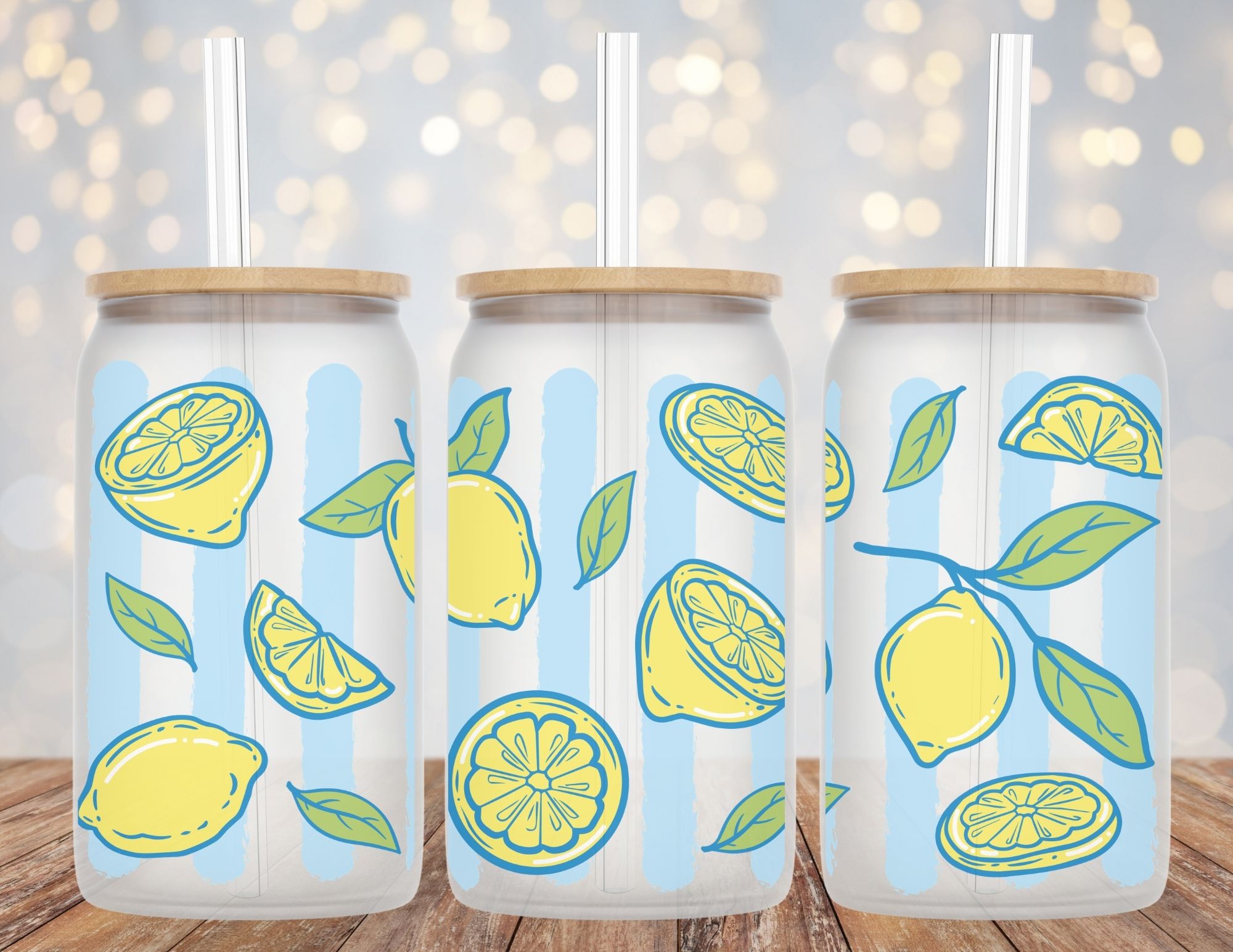 Summer Lemons and Blue Stripes Whimsical Libby Glass Beer Can Cup 16oz
