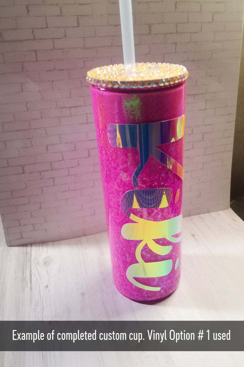 Custom snow globe tumbler with glitter, personalized text, and various tumbler and lid options