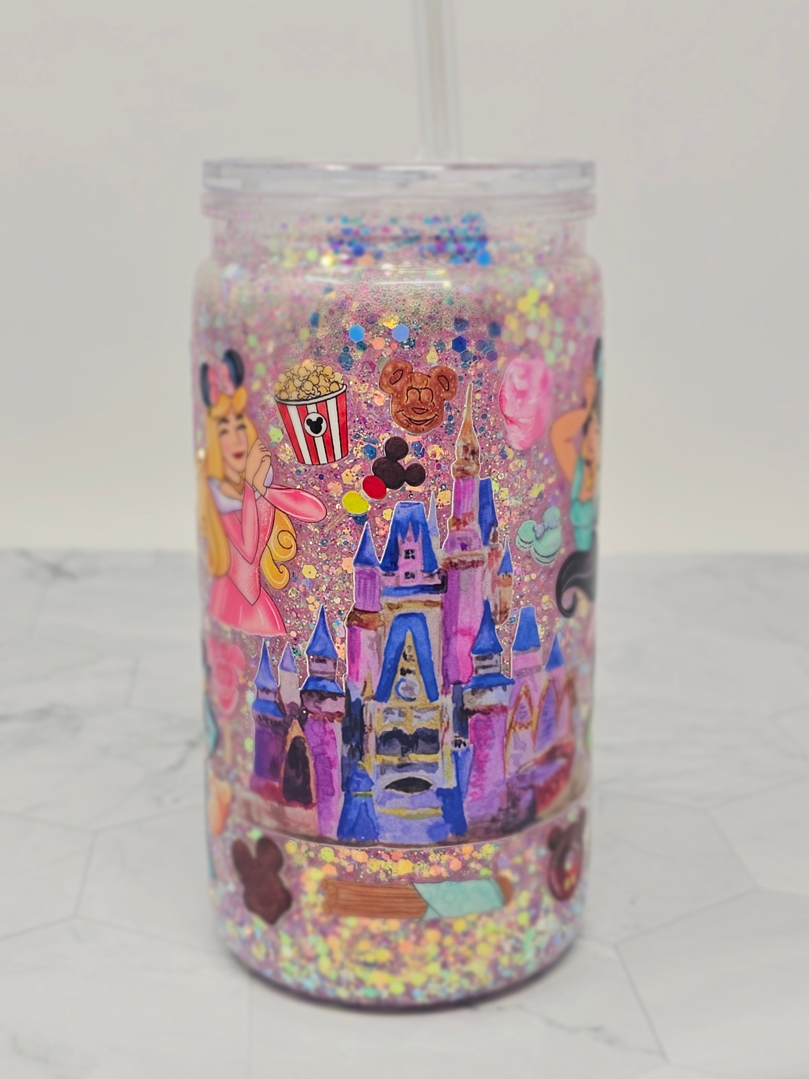 Colorful cylindrical container with cartoon characters on a white background