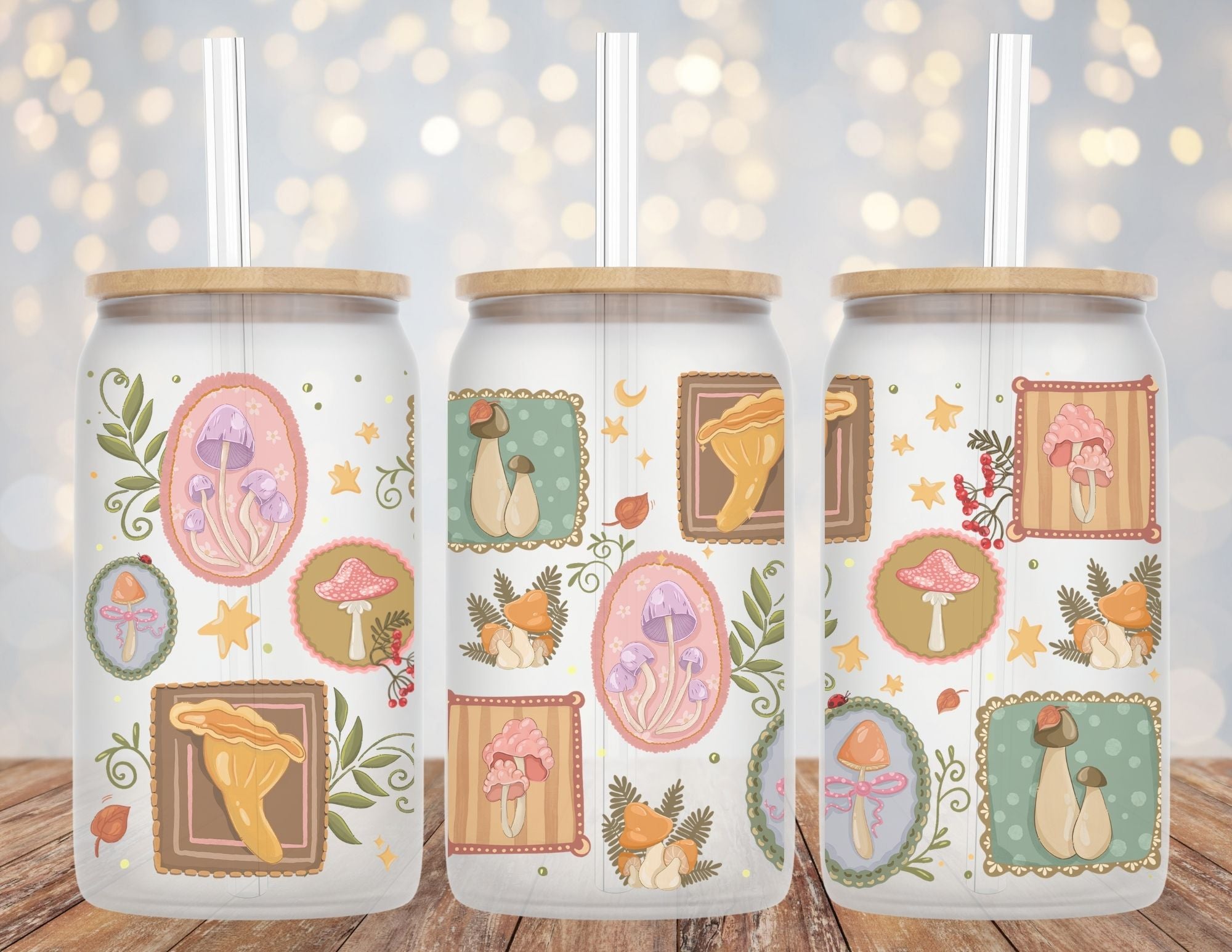 Mushrooms and Floral Whimsical Libby Glass Beer Can Cup 16oz