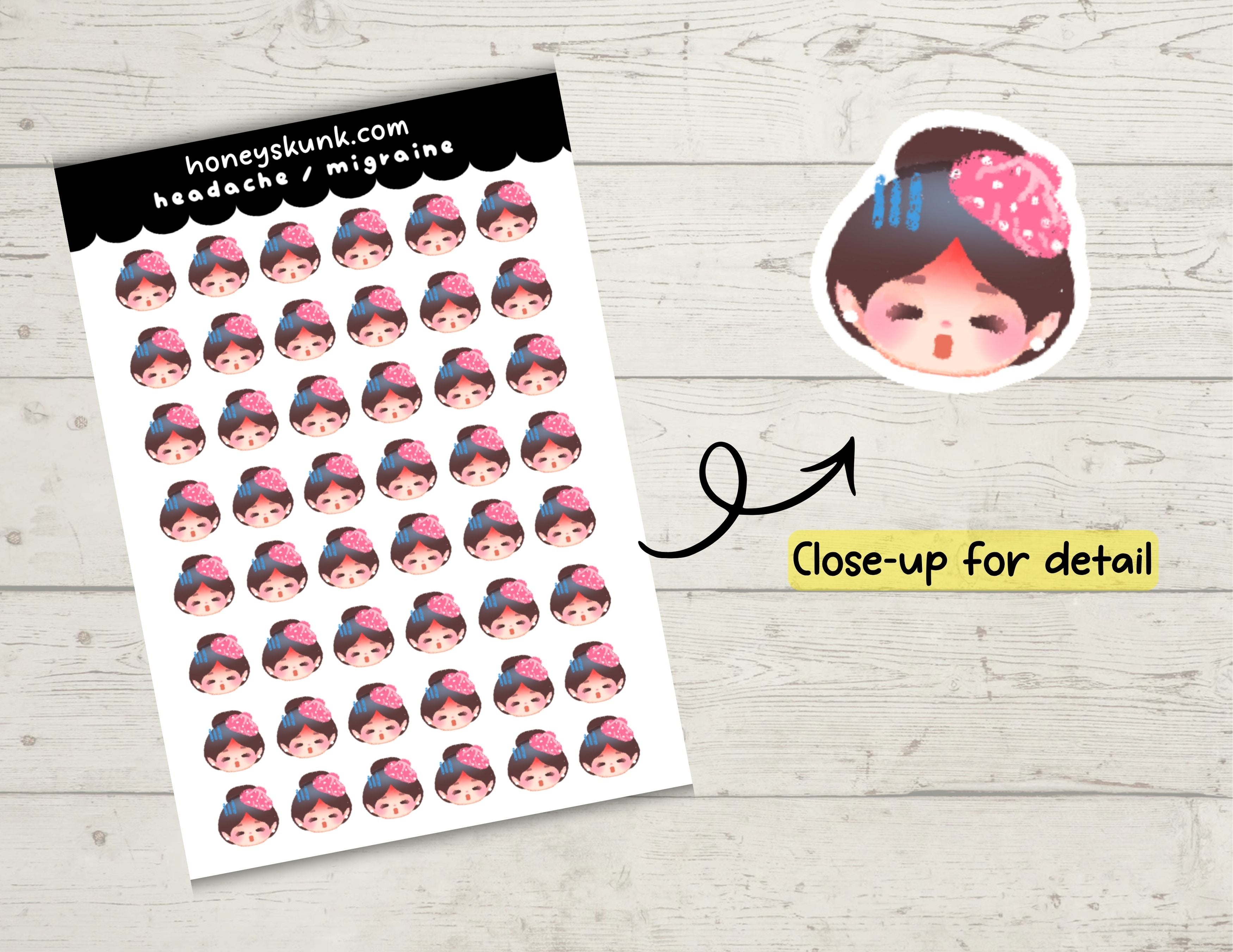 Kawaii Migraine &amp; Headache  Functional Planner Sticker Sheet 4x6 Sheet