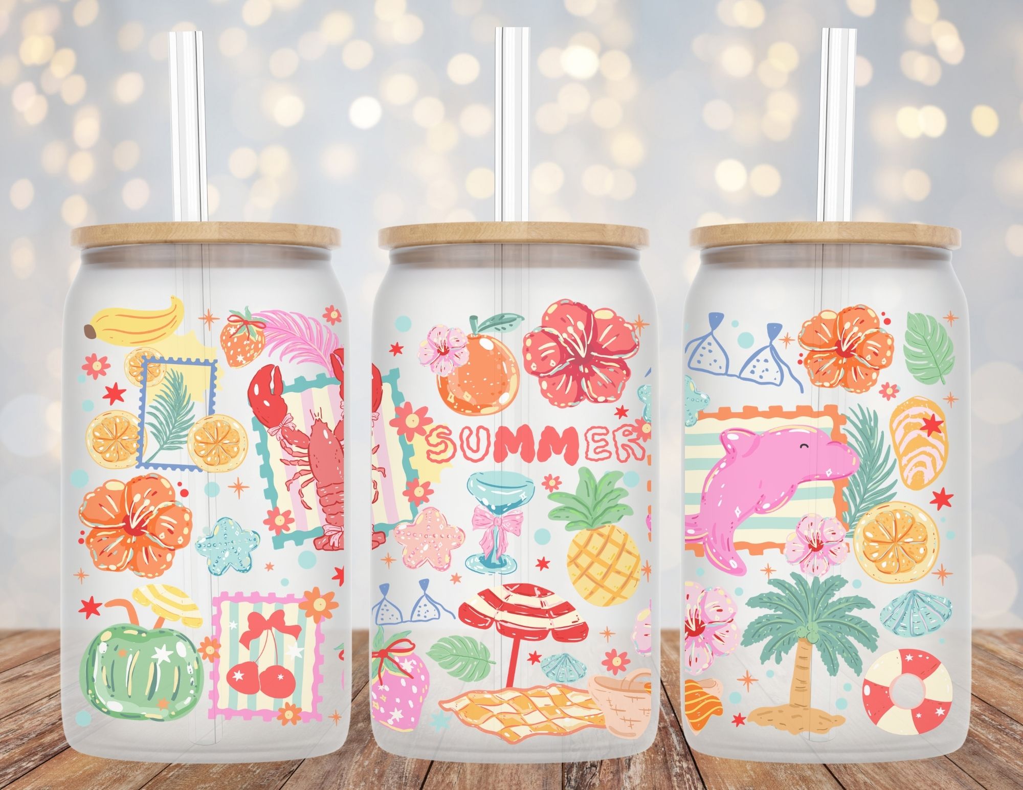 Summer and Sea Creatures Whimsical Libby Glass Beer Can Cup 16oz