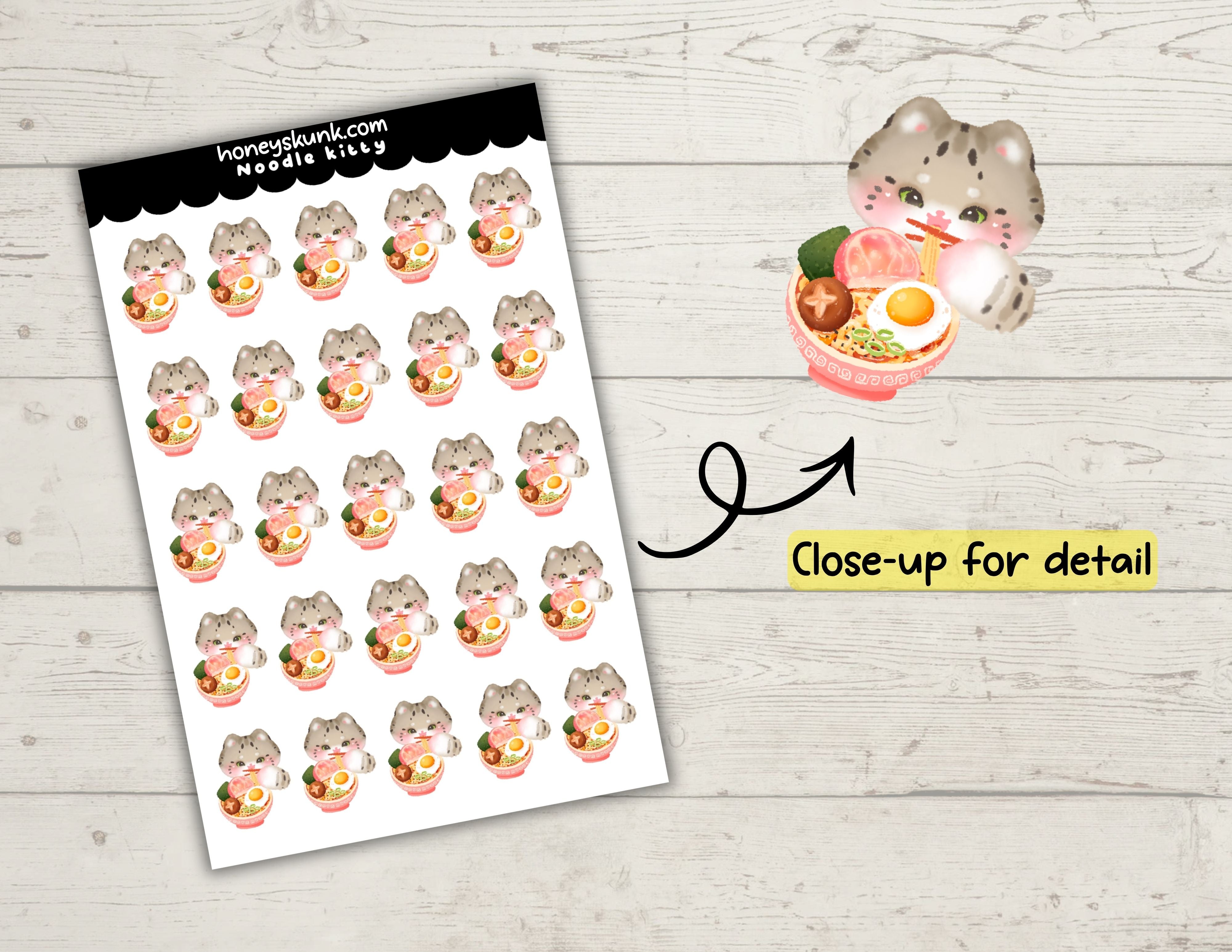 Kawaii Ramen Cat Planner Stickers, Cute Noodle Kitty Journal Icons Sheet