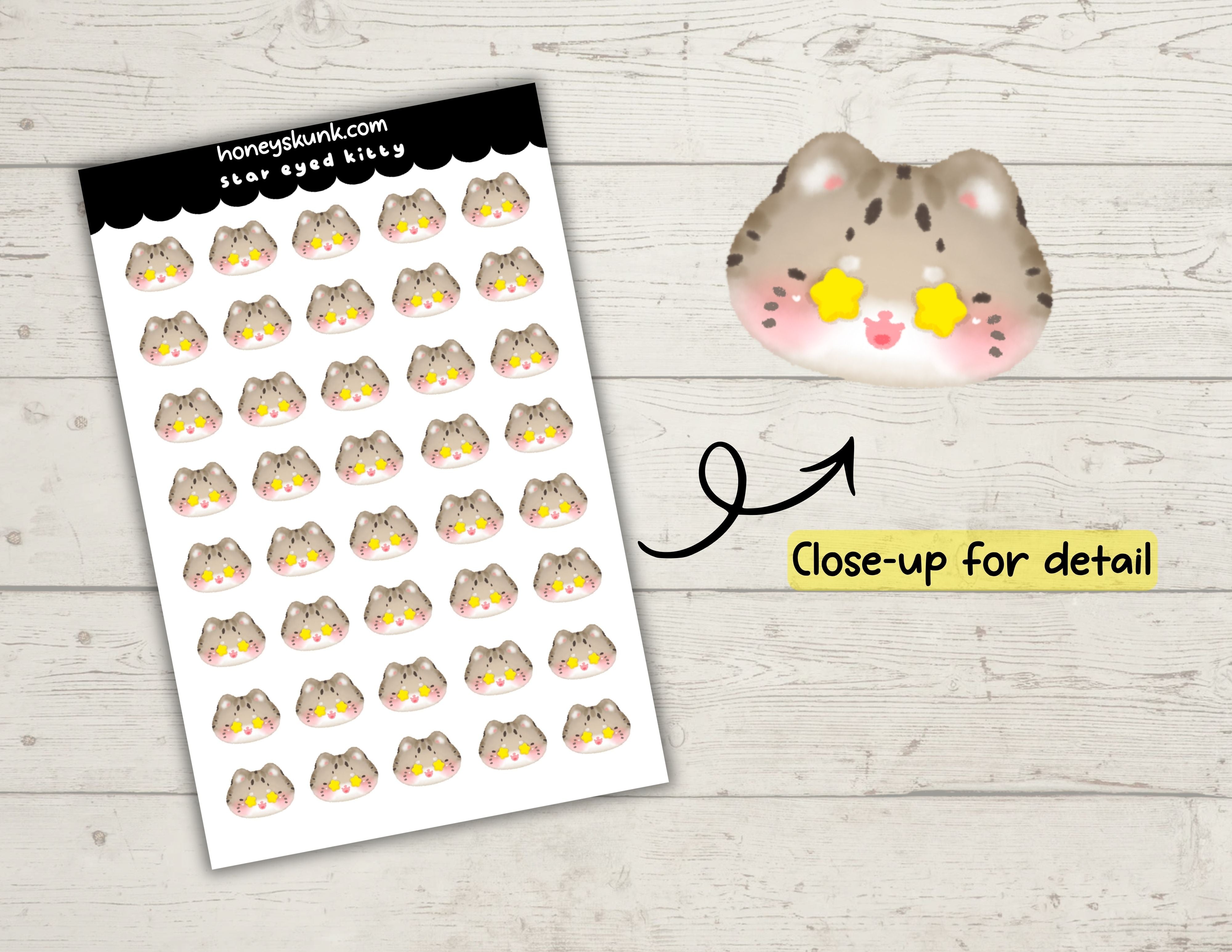 Kawaii Star Eyed Cat Planner Stickers, Cute Star Eyed Kitty Journal Icons Sheet