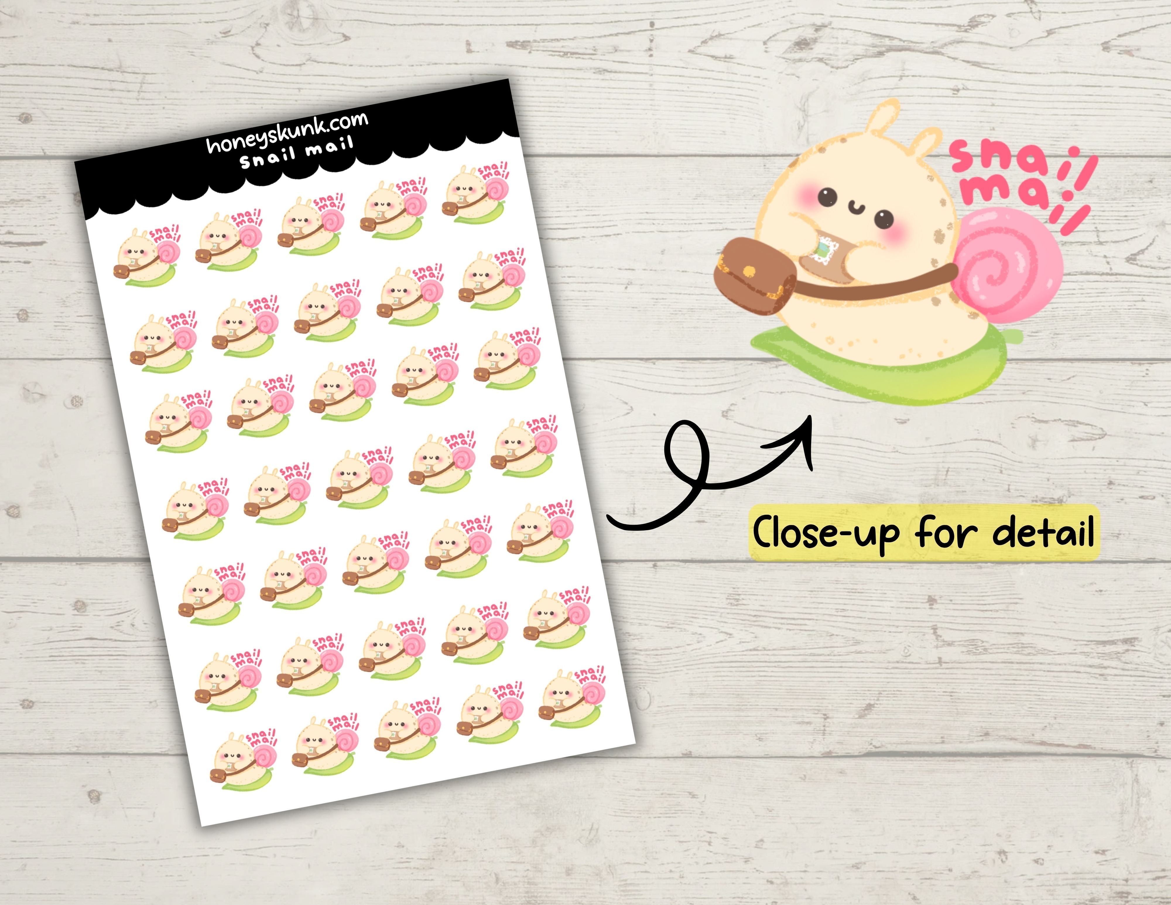 Kawaii Snail Mail Planner Stickers, Cute Happy Mail Tracker Journal Icons Sheet