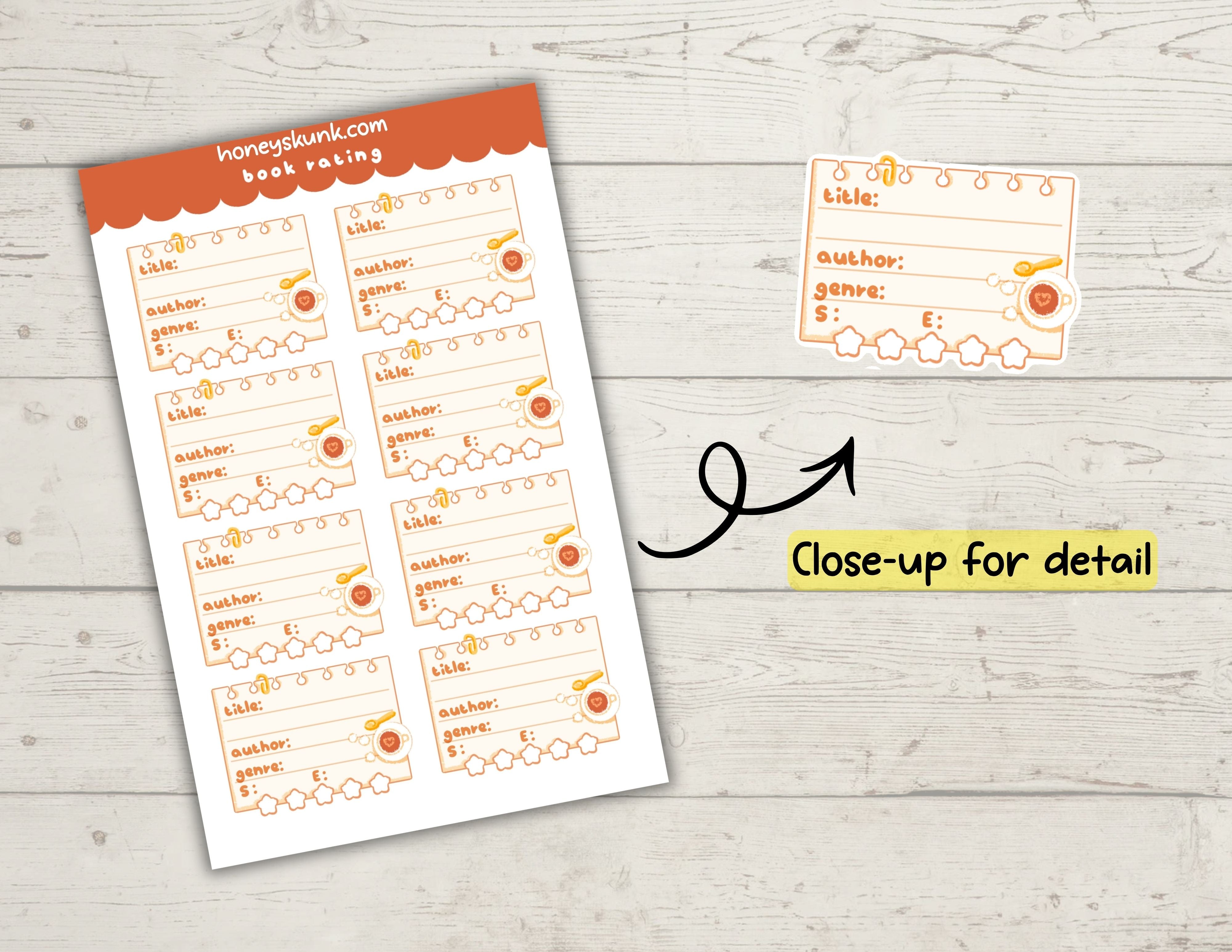 Kawaii Book Rating Tracker Stickers, Cute Reading Journal Star Review Box Sticker Sheet