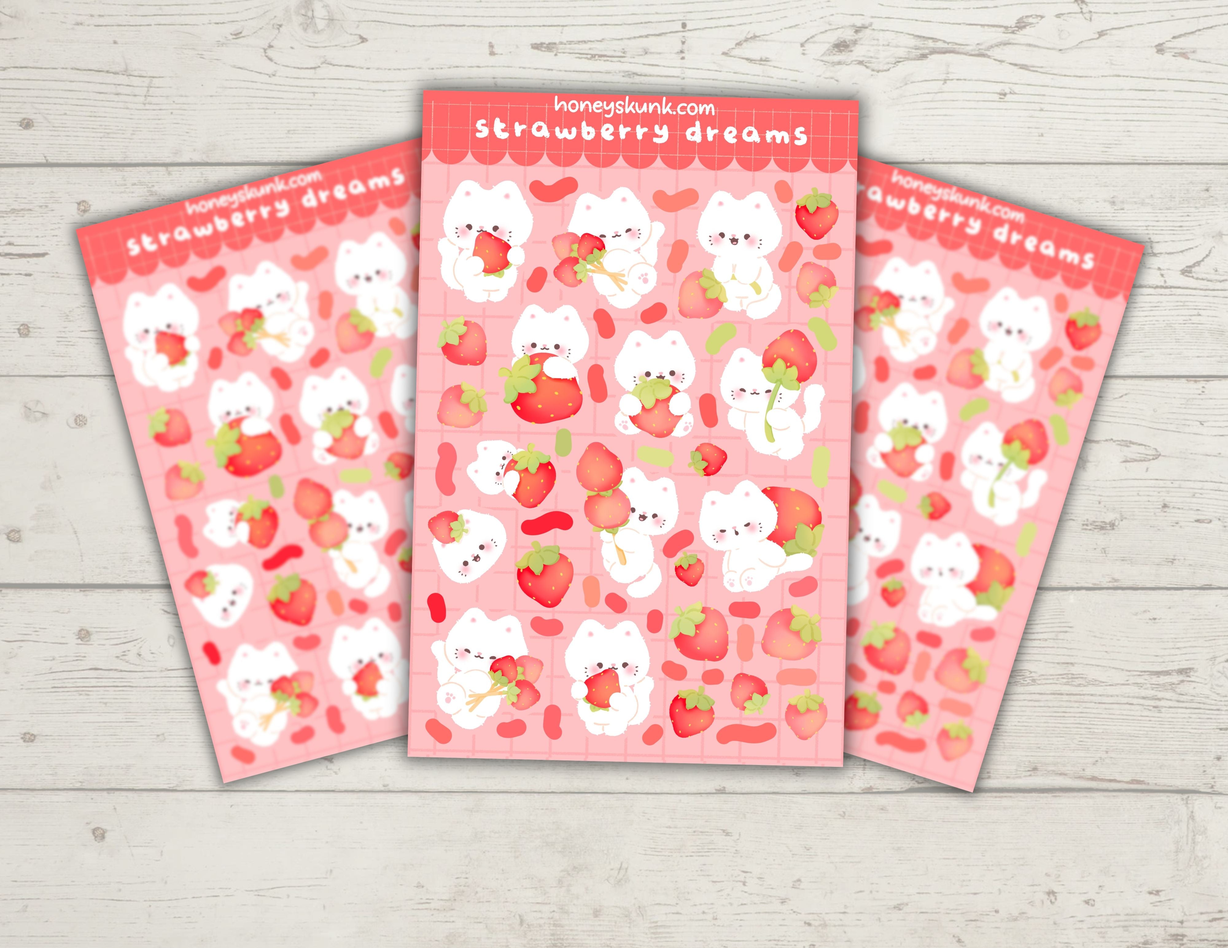 Kawaii Strawberry Cat Stickers, Cute Coquette Pink Fruit Aesthetic Decals for Kindle & Laptop