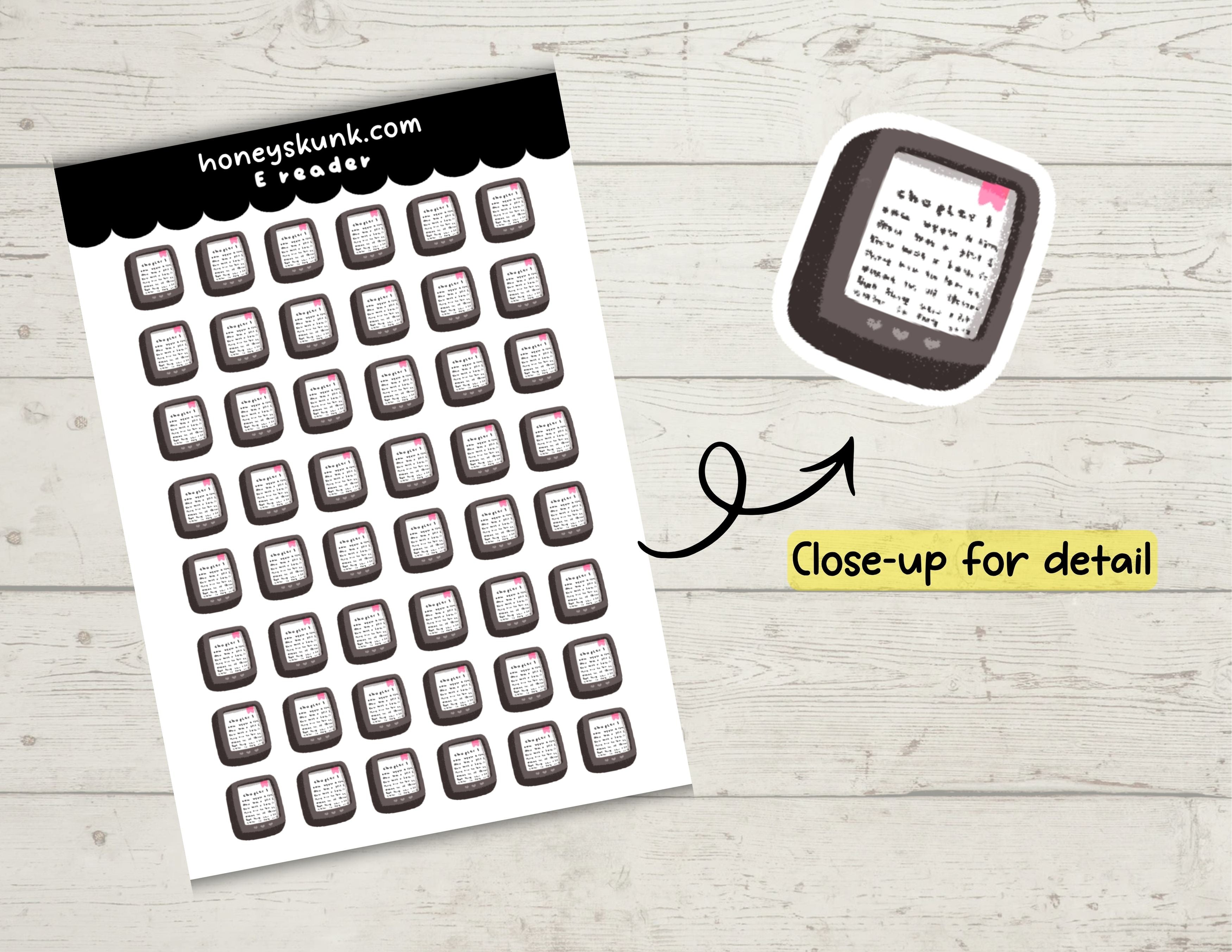 Kawaii E-Book Reader Tracker Functional Planner Sticker Sheet 4x6 Sheet
