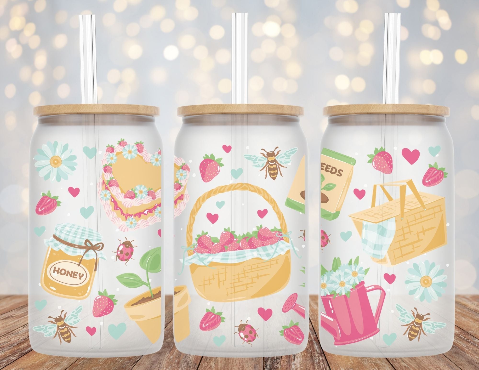 Spring Summer Berries Whimsical Libby Glass Beer Can Cup 16oz