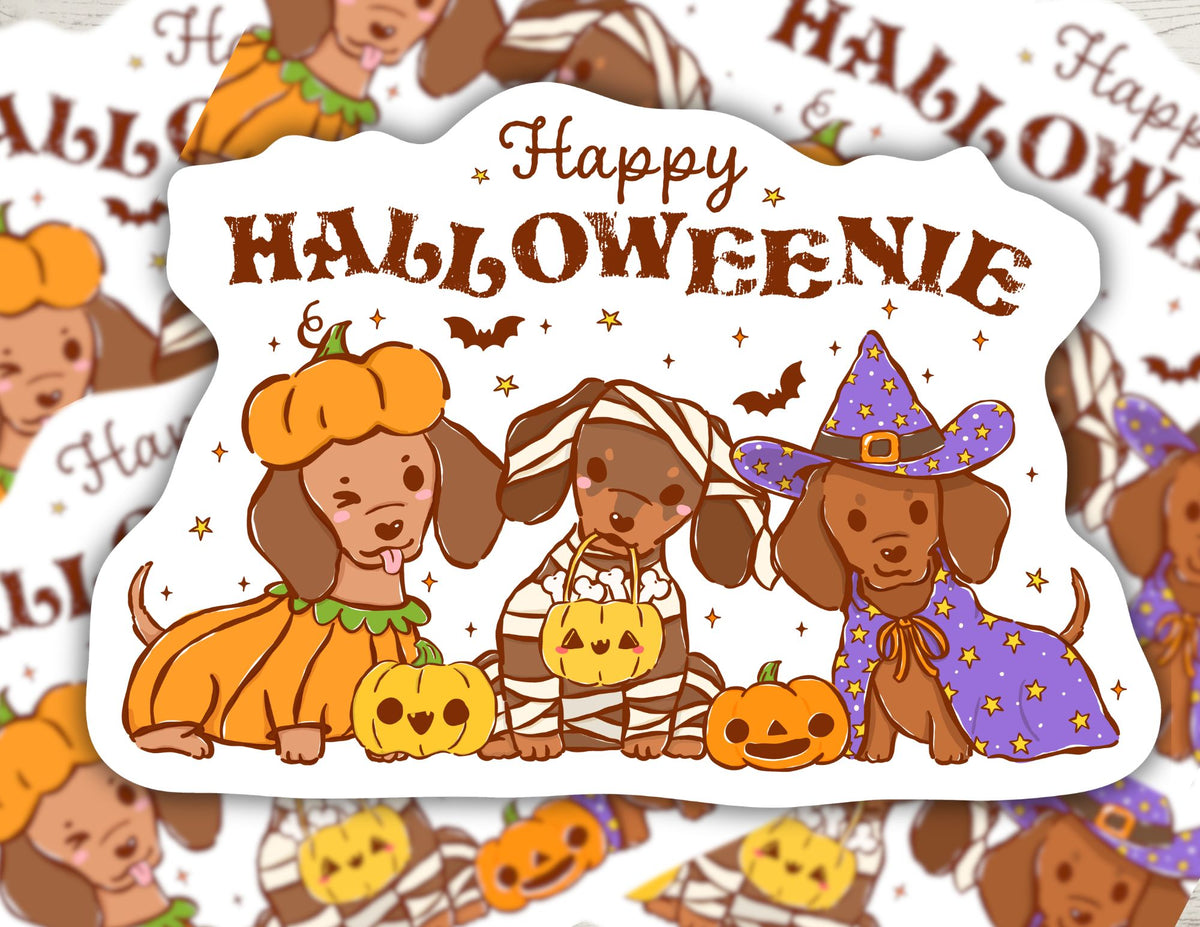 Happy Halloweenie Dachshund Sticker | Cute Ghost Mummy Pumpkin Witch Dog Decal for Laptops and Water Bottles | Hand-Drawn Wiener Dog Gift