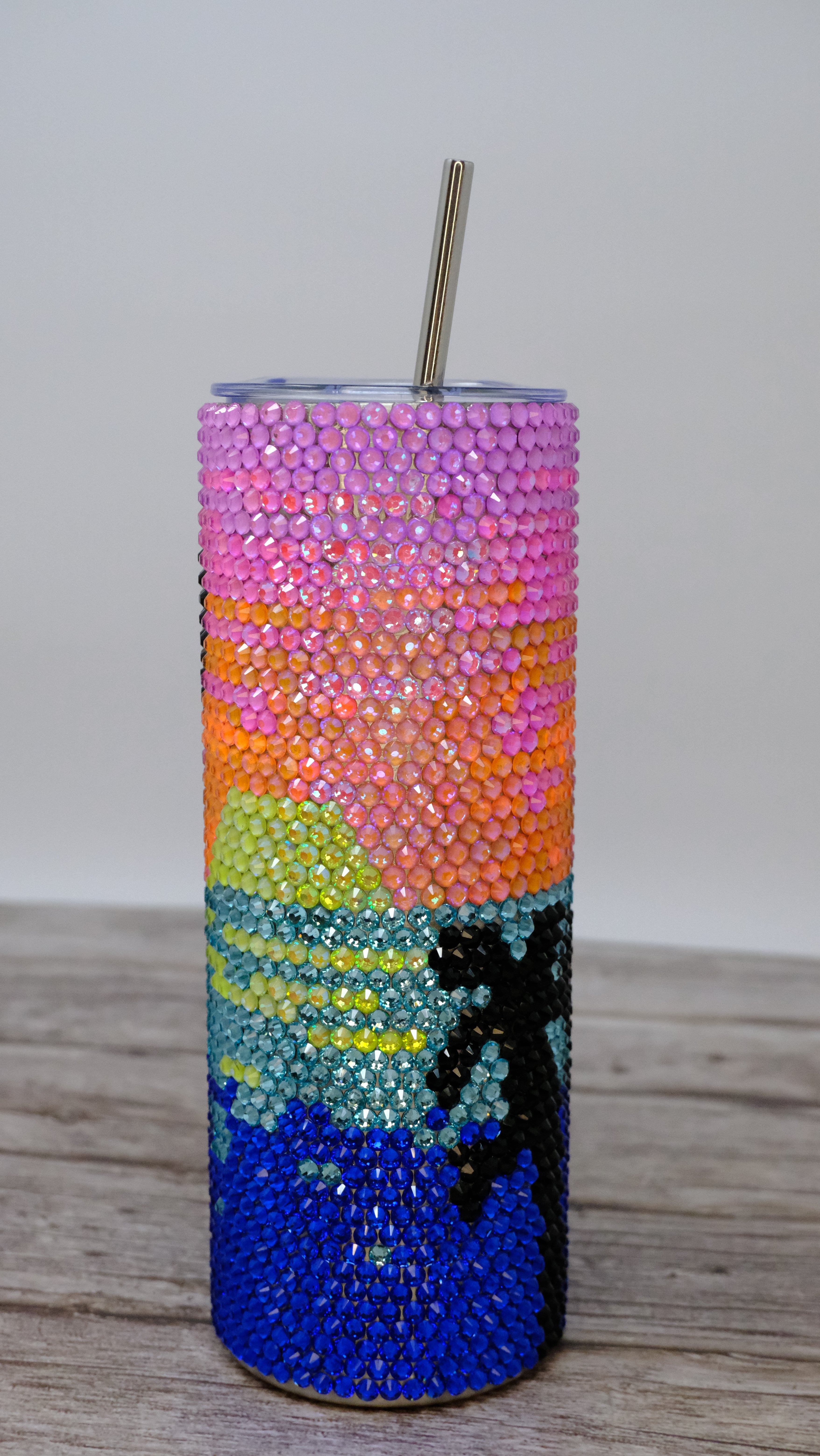 Rhinestone Bling Tumbler – Tropical Sunset and Palm Tree Design - Ready To Ship