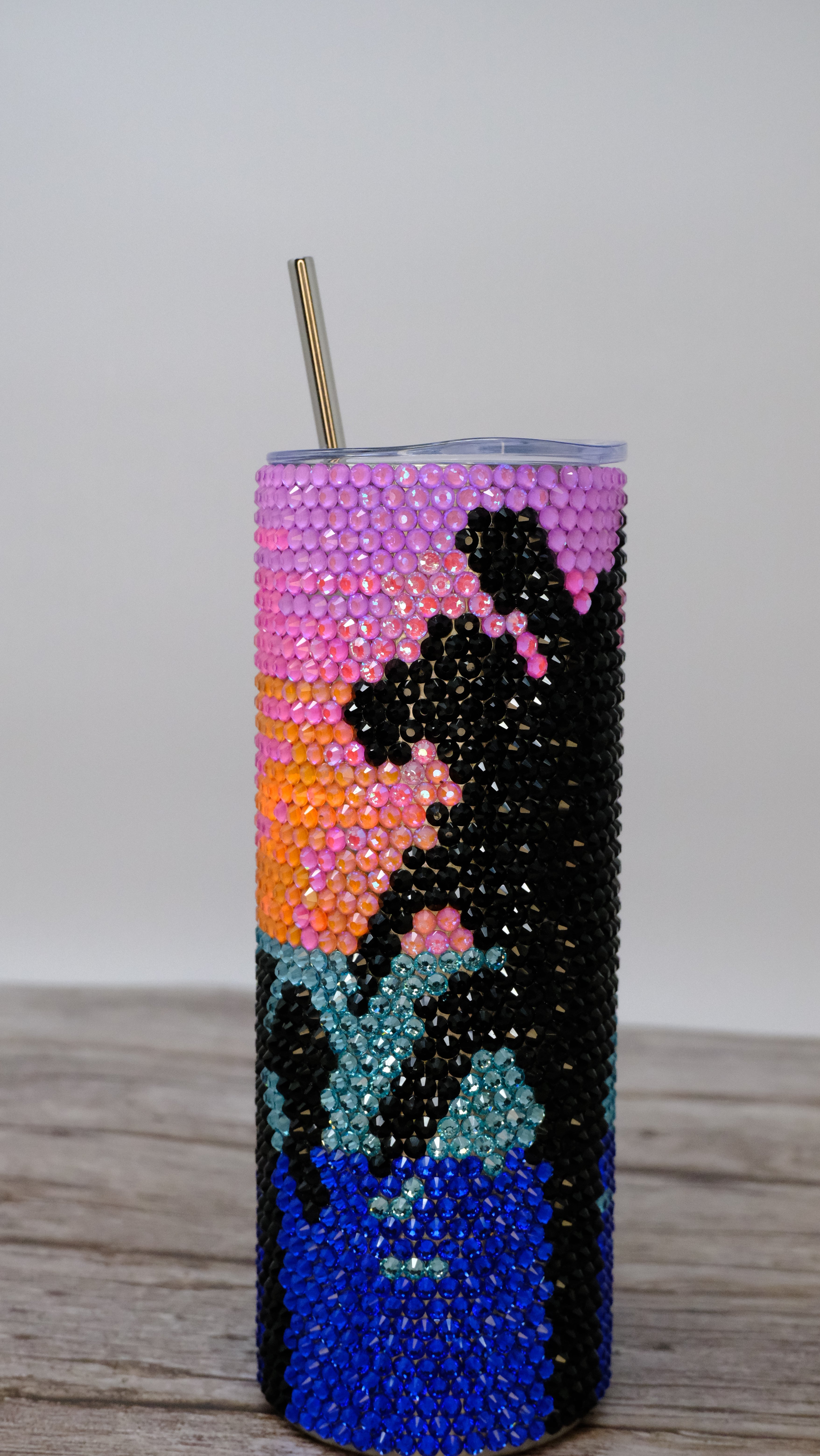 Rhinestone Bling Tumbler – Tropical Sunset and Palm Tree Design - Ready To Ship