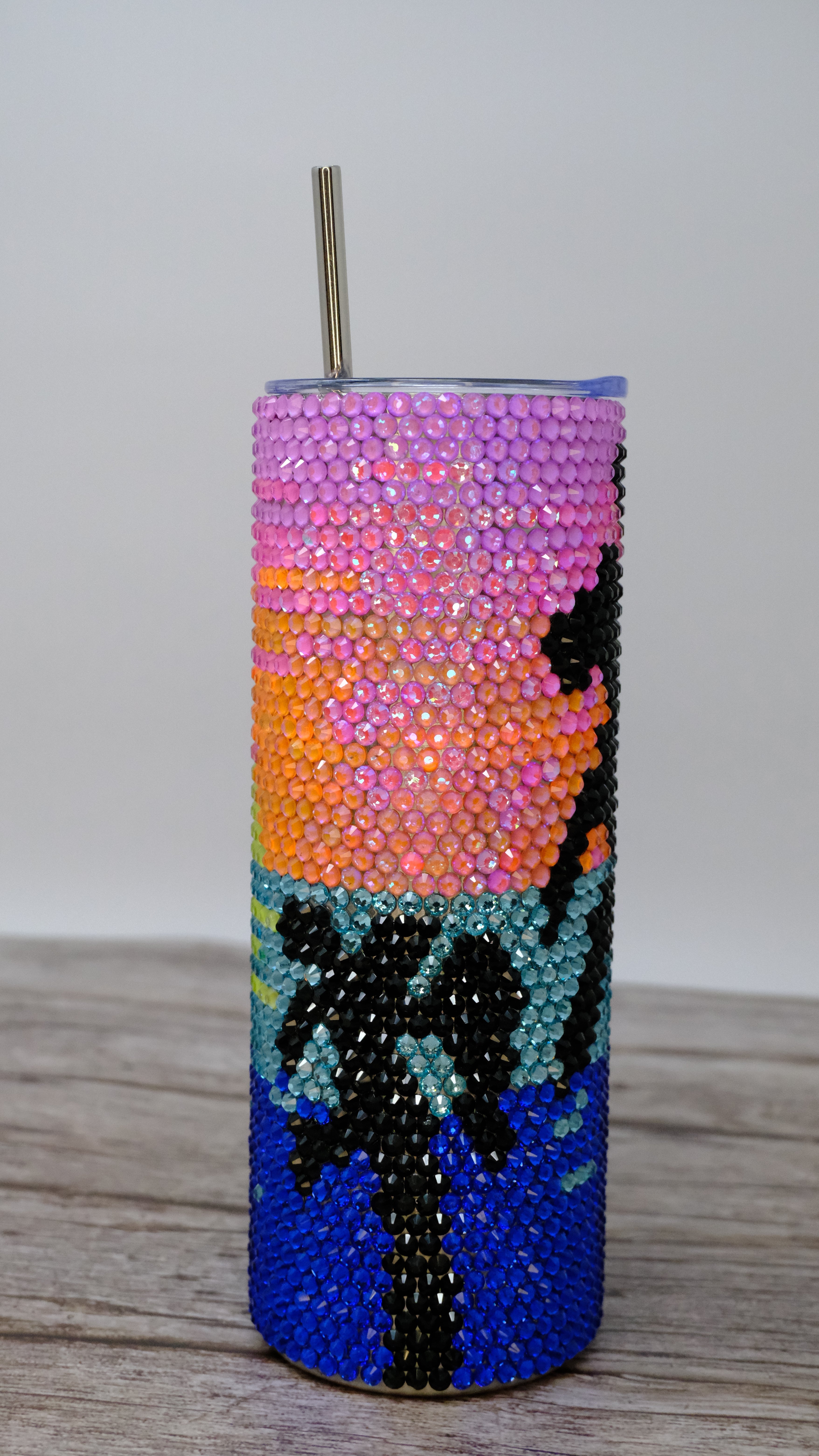 Rhinestone Bling Tumbler – Tropical Sunset and Palm Tree Design - Ready To Ship
