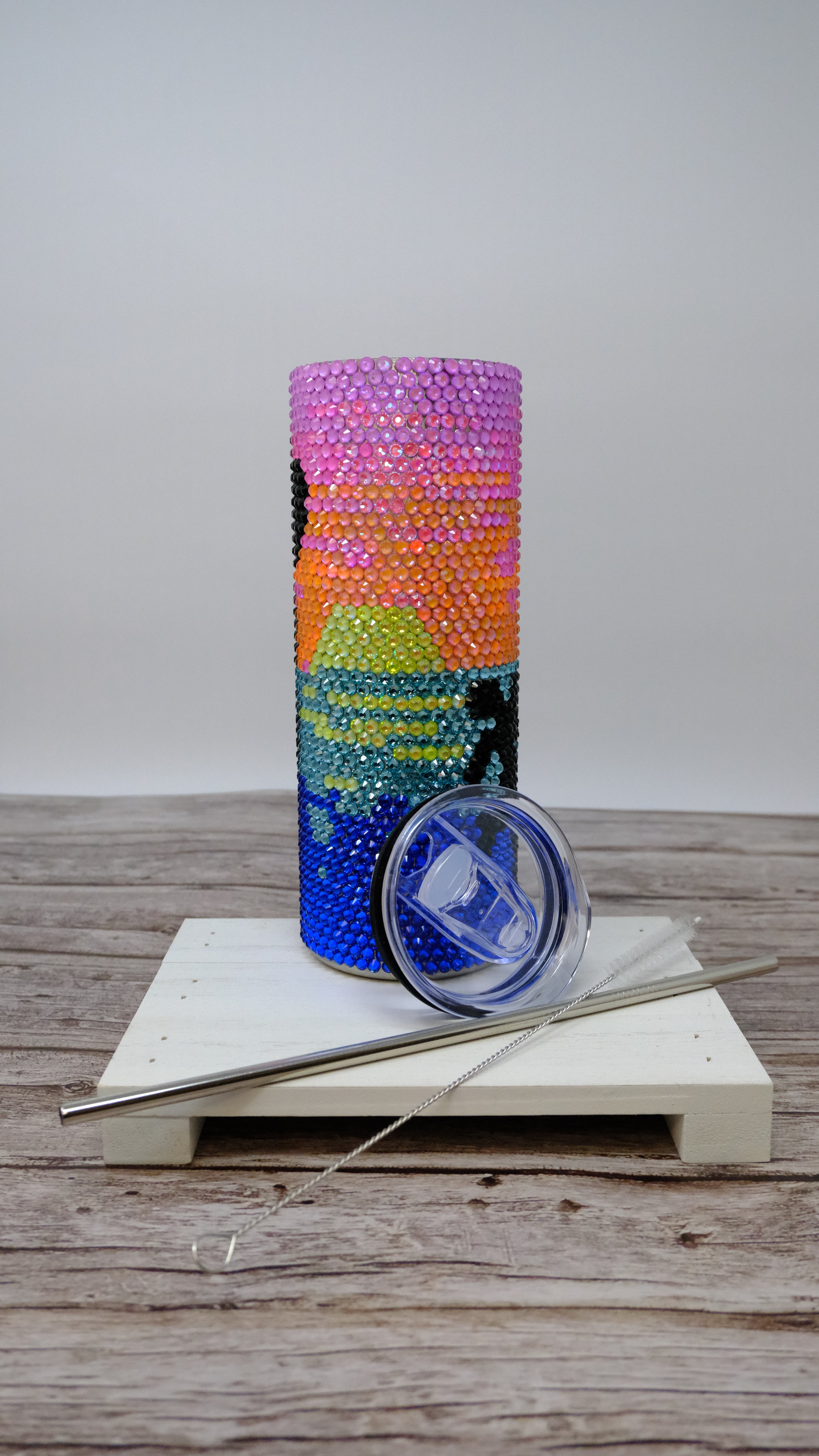 Rhinestone Bling Tumbler – Tropical Sunset and Palm Tree Design - Ready To Ship