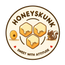 Circular logo for Honeyskunk with honeycomb, honey, and a squirrel illustration on a beige background.