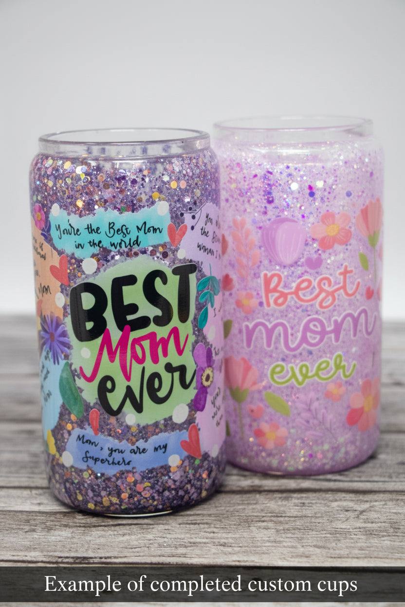 Custom personalized snow globe tumbler with glitter and customizable lids on various tumbler types