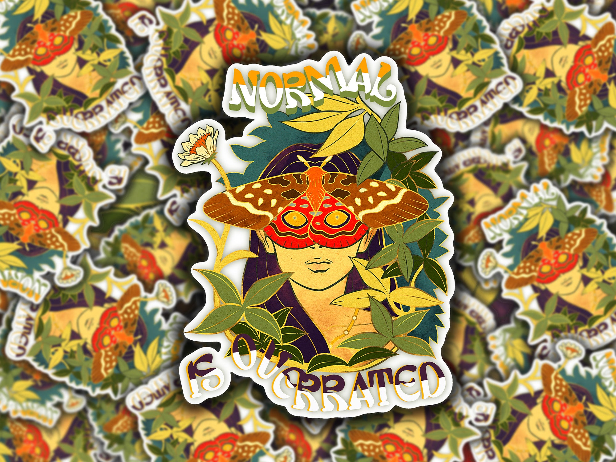 Normal Is Overrated Whimsical Woman Plants and Moth sticker