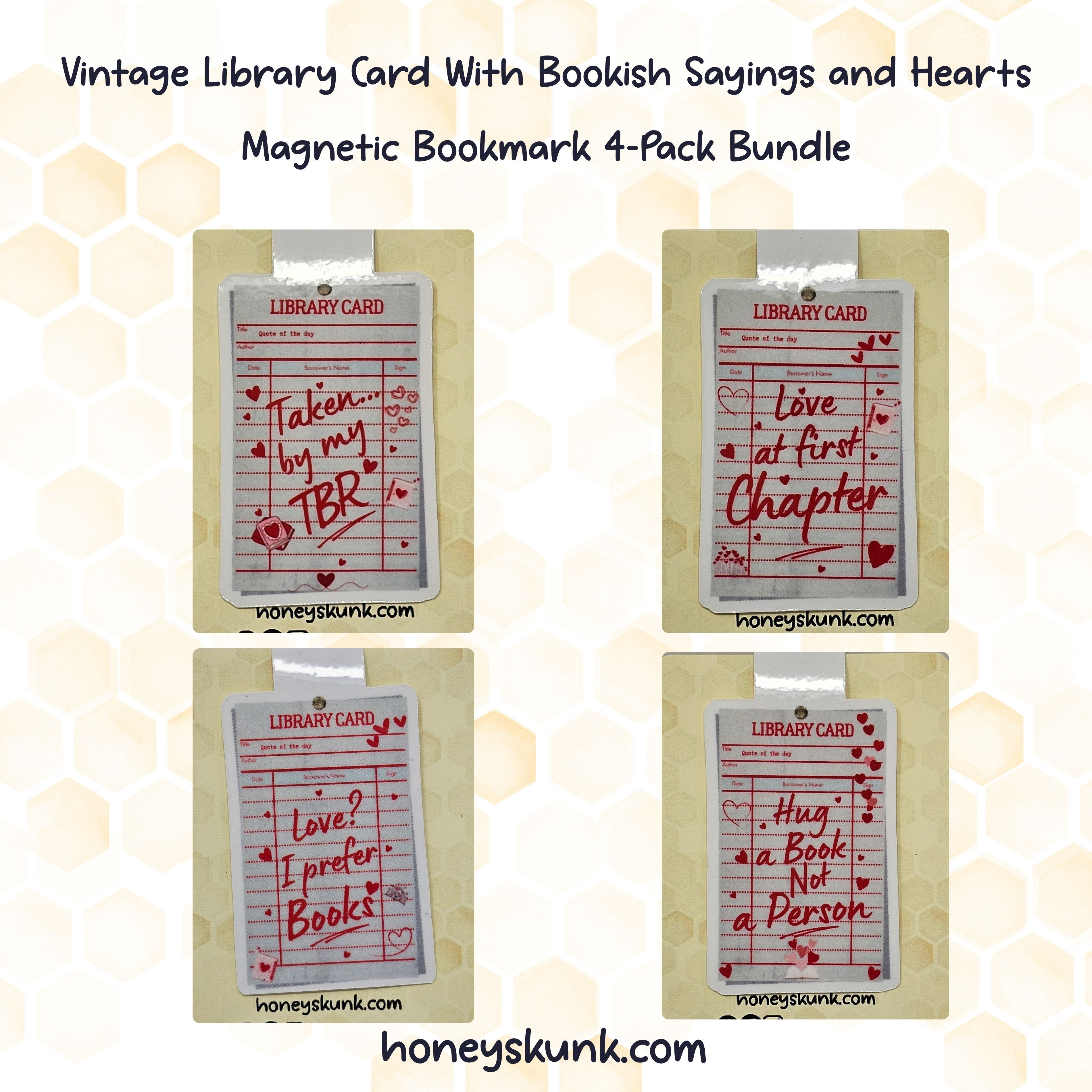 Vintage Library Card With Bookish Sayings and Hearts Magnetic Bookmark 4-Pack Bundle