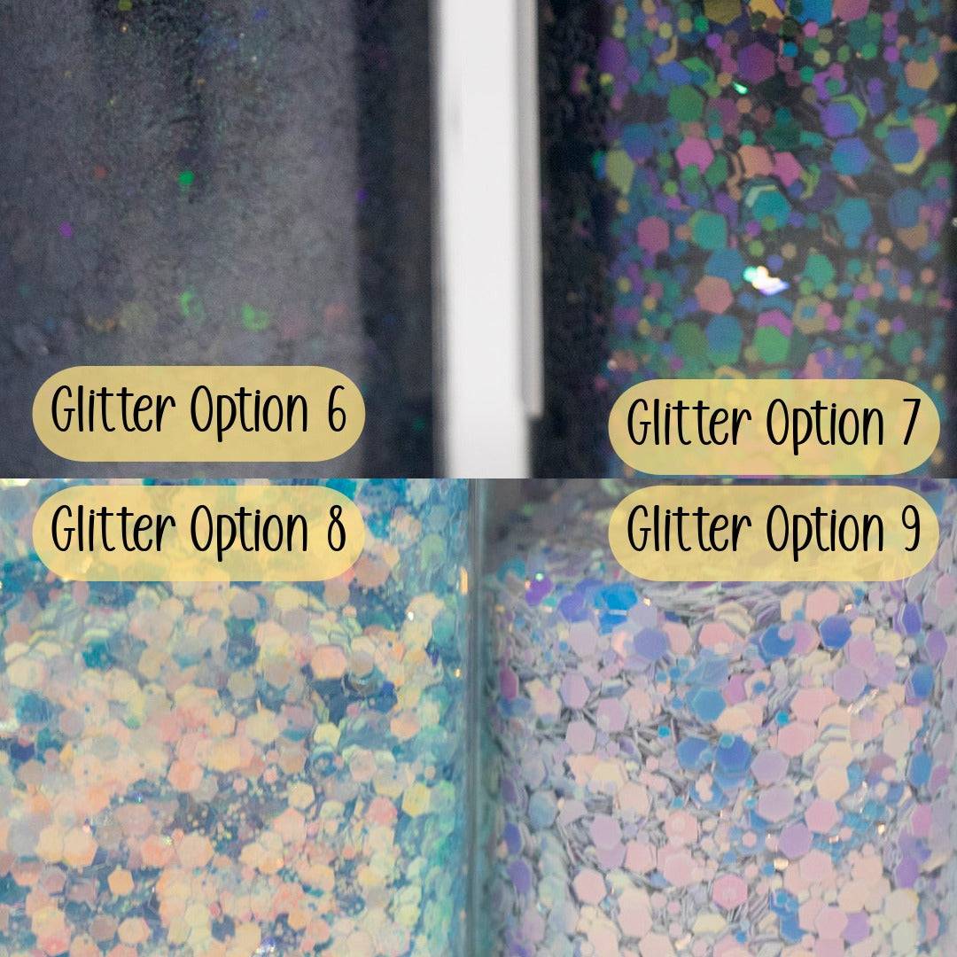 custom personalized snow globe tumbler with glitter and customizable lids