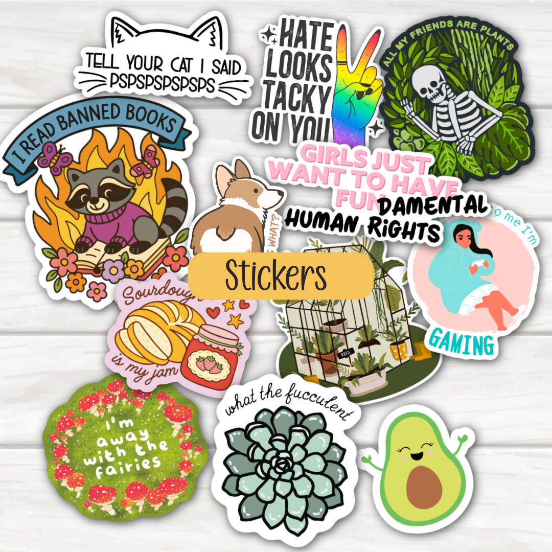 Collection of various stickers with different designs and text on a white background.