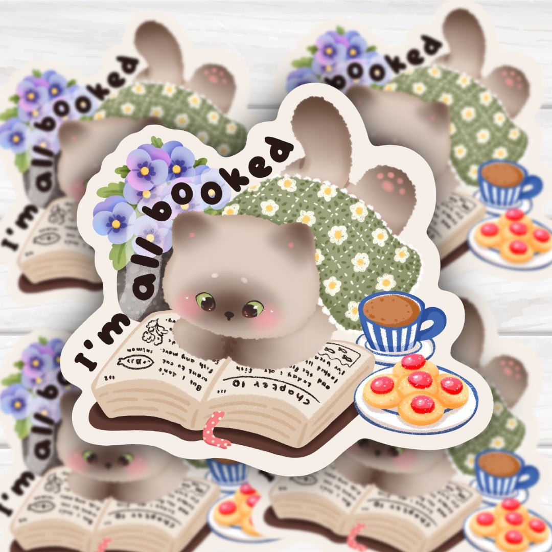 Adorable Kawaii Cat in a Book "I'm All Booked" Reading Lover Sticker - HoneySkunk