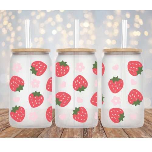 Libby Glass Beer Can Cup with adorable strawberries and pink daisies design, 16oz, including straw and bamboo lid options