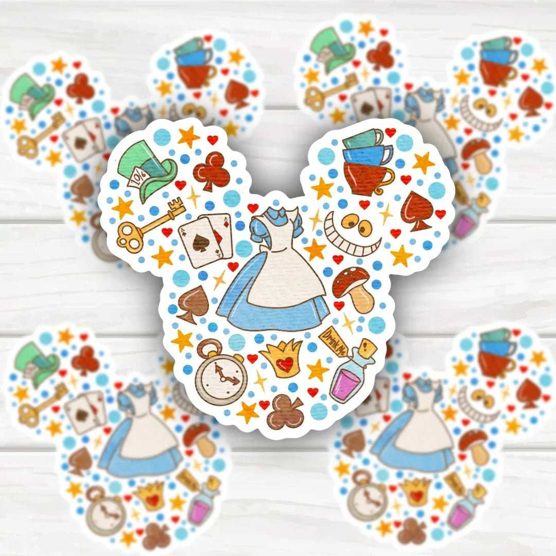 Alice In Wonderland inspired icons in Mickey shape sticker with bold, durable finish