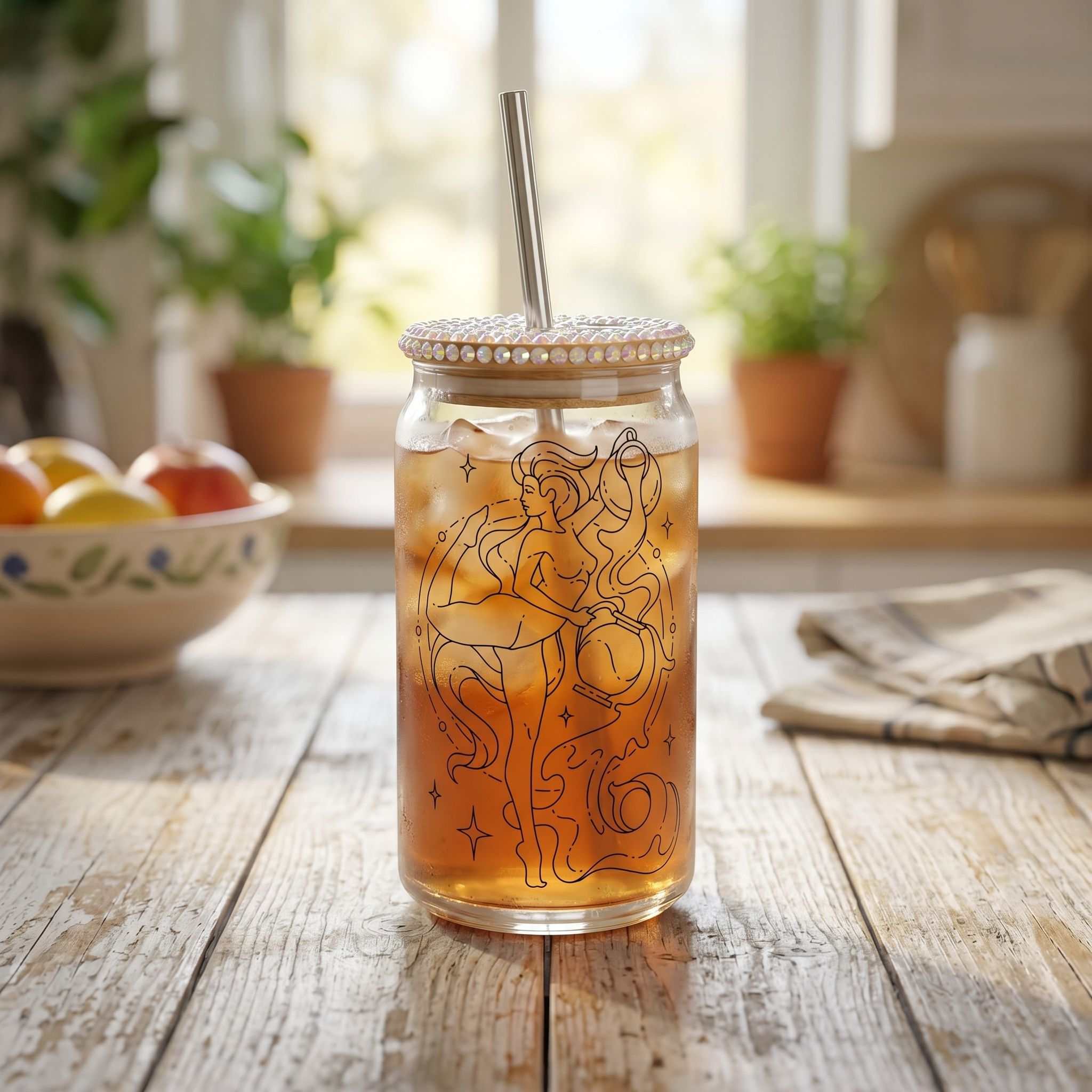 16 oz Aquarius zodiac Libby glass beer can cup on a rustic wooden table in a bright kitchen, showcasing its sublimated zodiac design and durable finish.