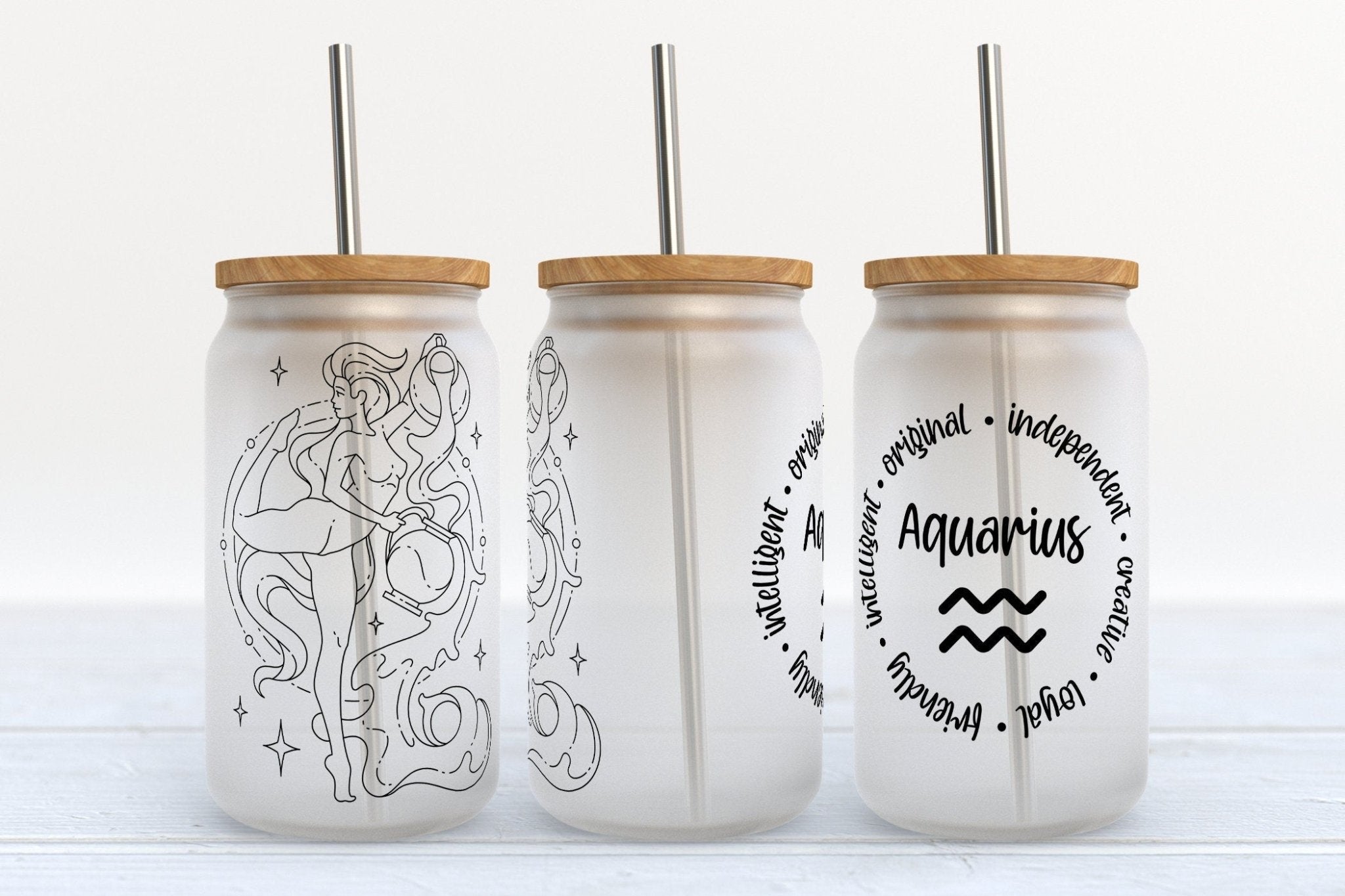Aquarius zodiac astrology stars design on 16oz Libby glass beer can cup with straw and bamboo lid options