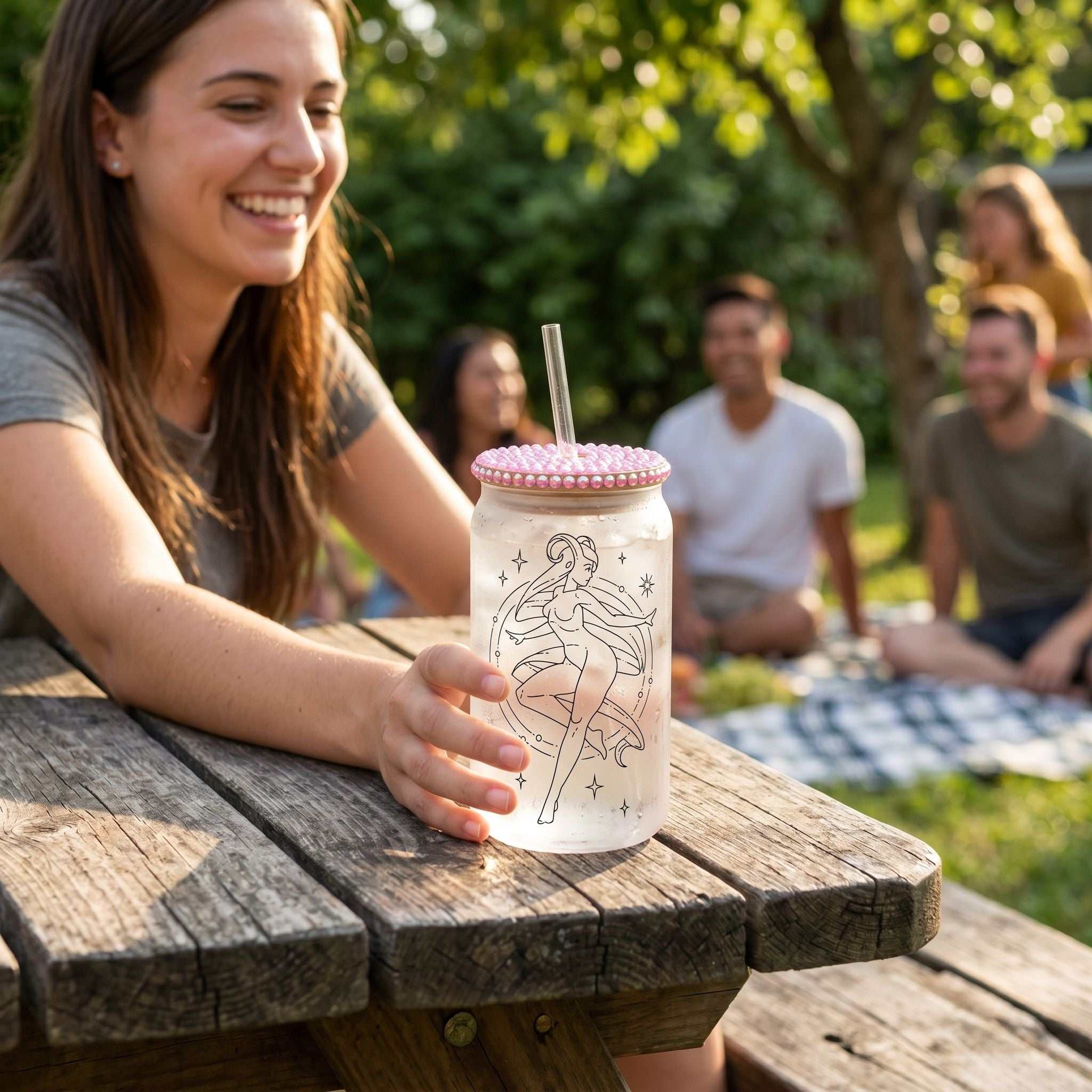 Close-up of Aries Zodiac Libby Glass Beer Can Cup on rustic wooden table, highlighting the sublimated design and smooth surface.
