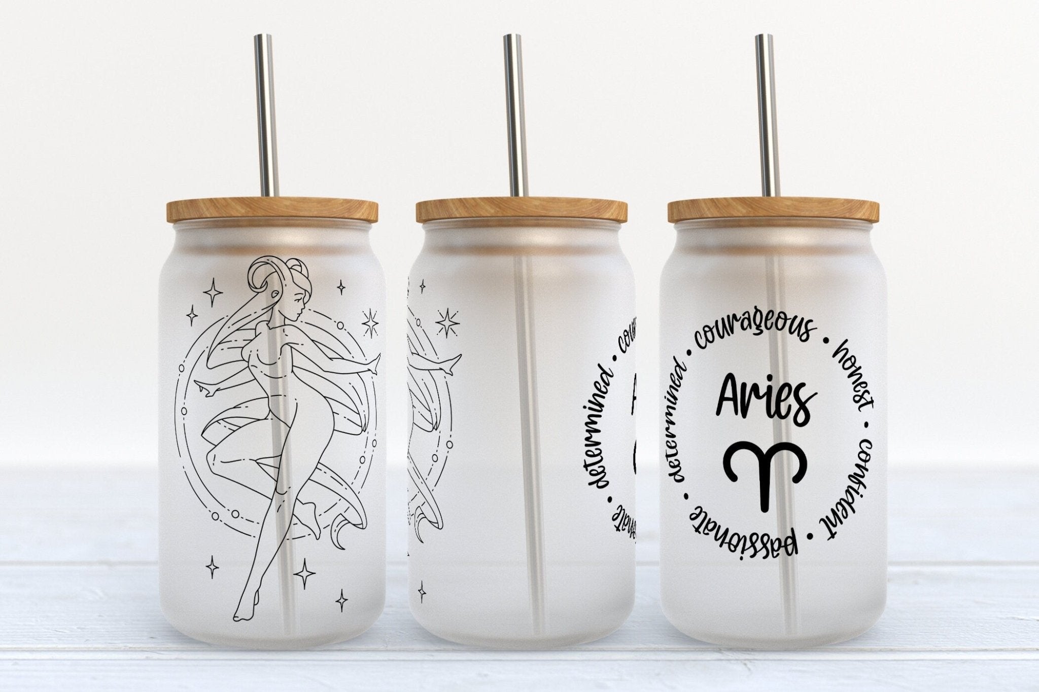 Aries zodiac astrology stars design on 16oz Libby glass beer can cup with straw and optional bamboo lids