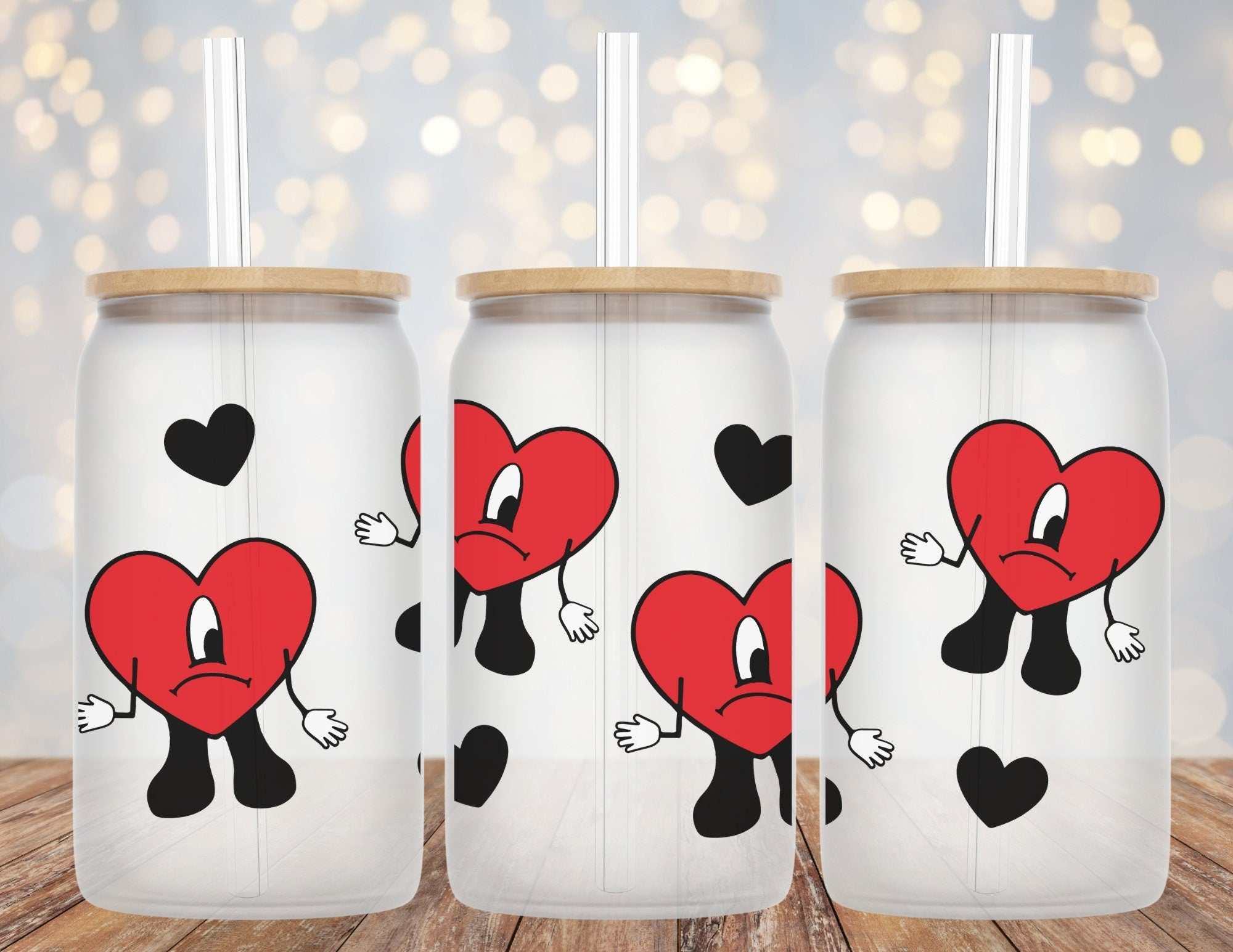 Bad Bunny Un Verano Sin Ti album inspired heart design on 16oz Libby glass beer can cup with straw and bamboo lid options
