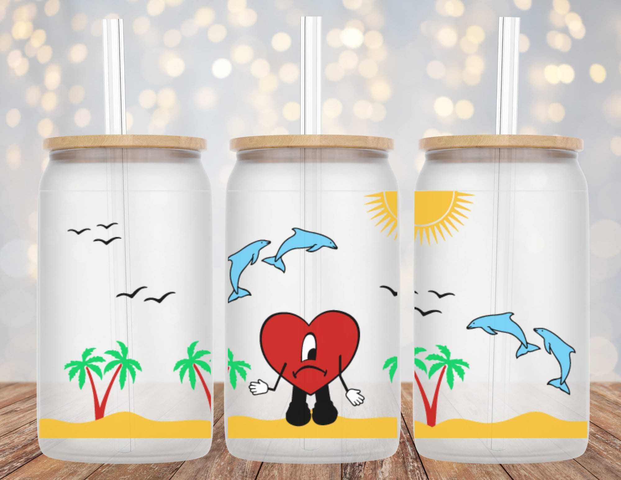 Bad Bunny Un Verano Sin Ti album inspired 16oz Libby glass beer can cup with straw and customizable lid options