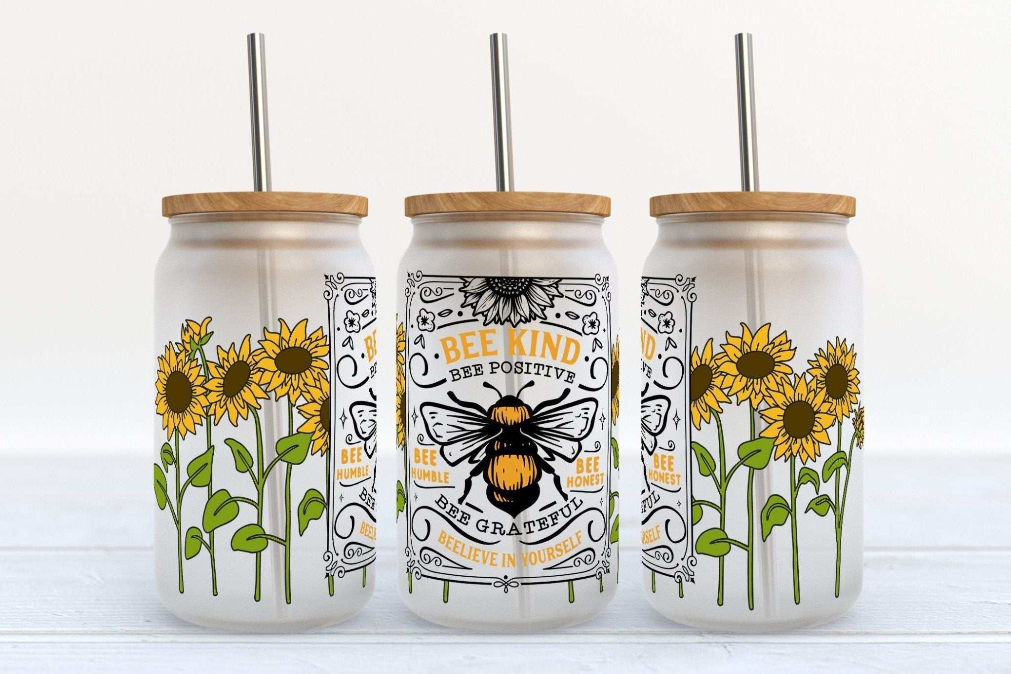 Be Positive Beautiful Bee and Sunflowers design on 16oz Libby Beer Can glass cup with straw and bamboo lid options