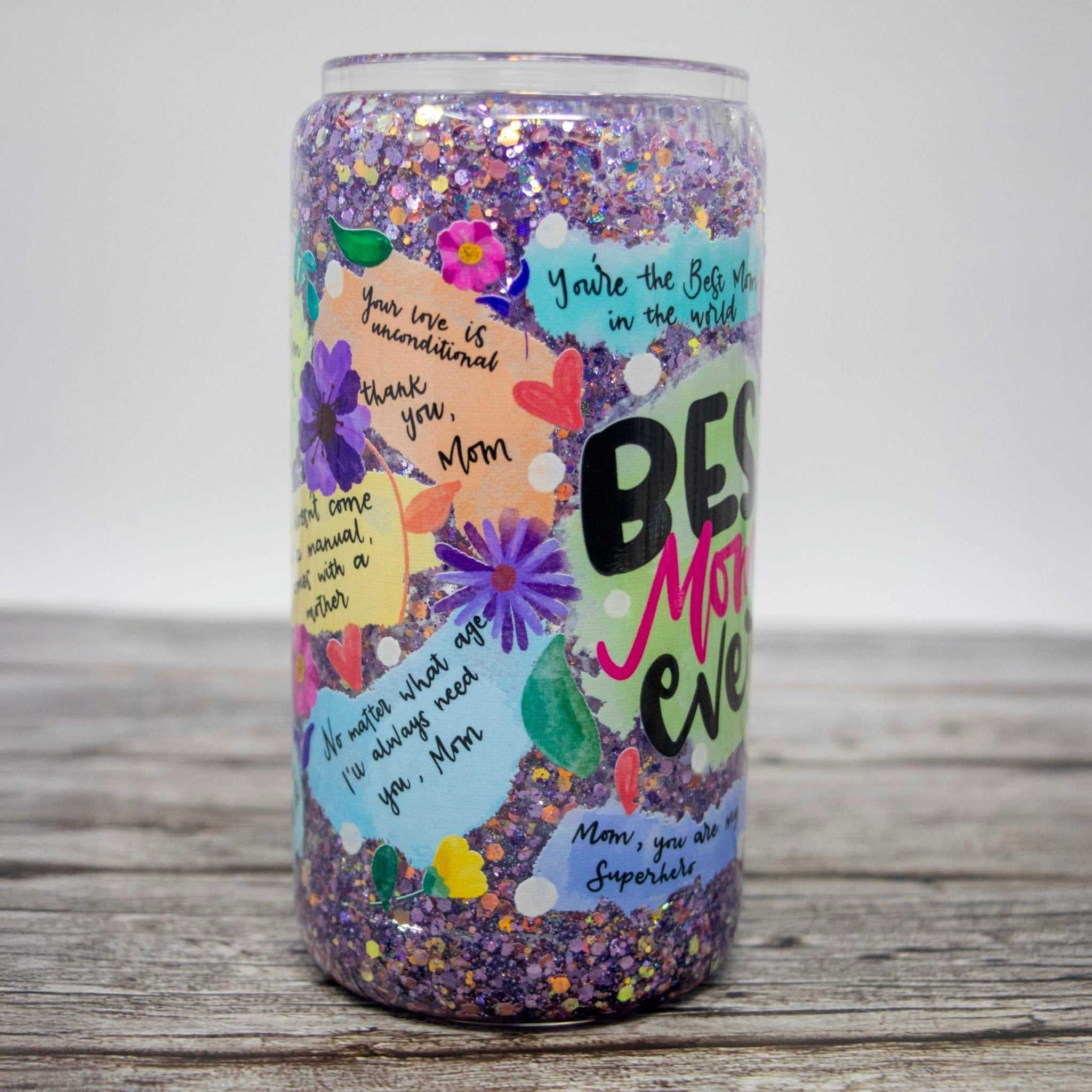 Best Mom Ever pink and purple glitter snow globe tumbler with raised love message and slow-flow glitter design