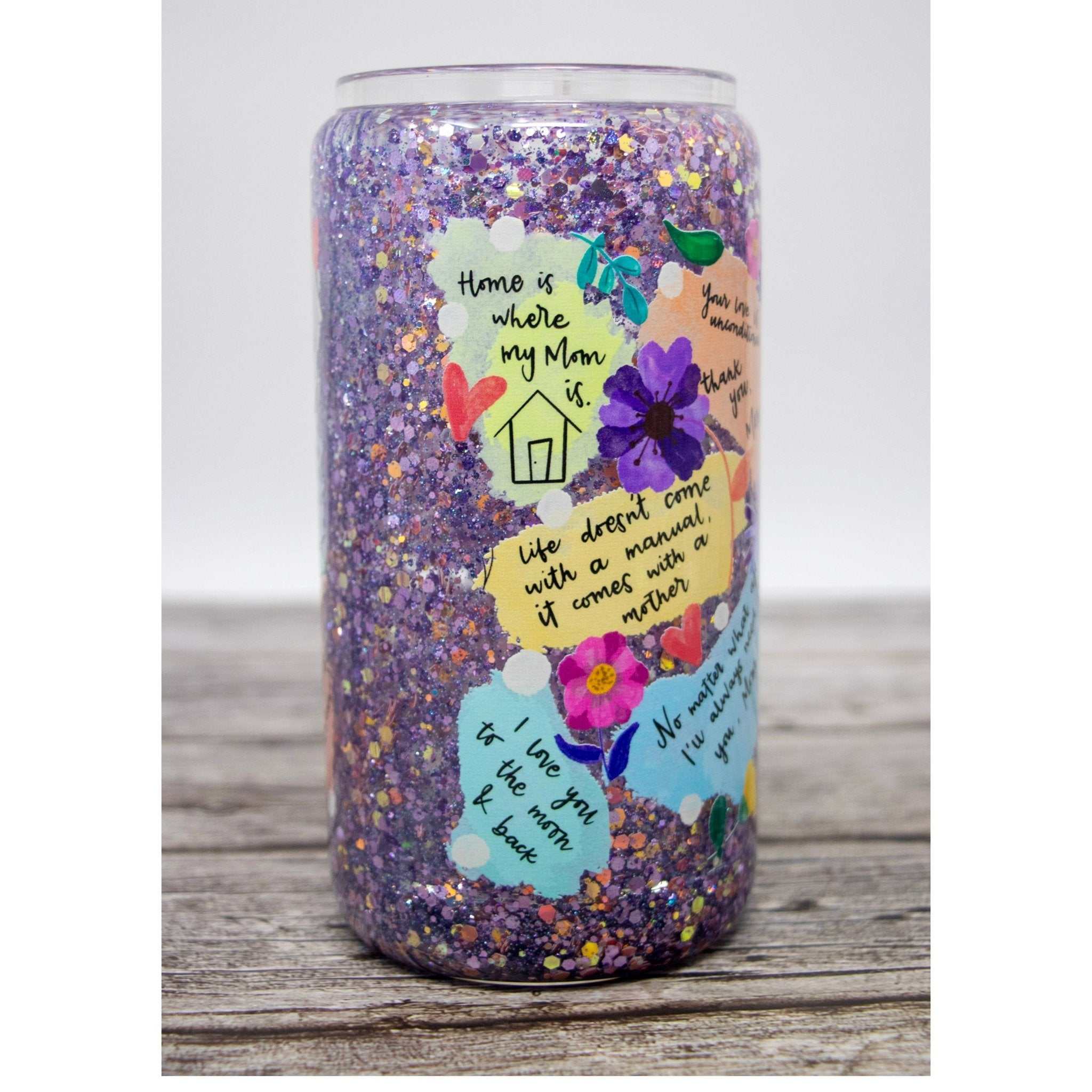Best Mom Ever pink and purple glitter snow globe tumbler with raised love affirmation design and slow-flow glitter mix