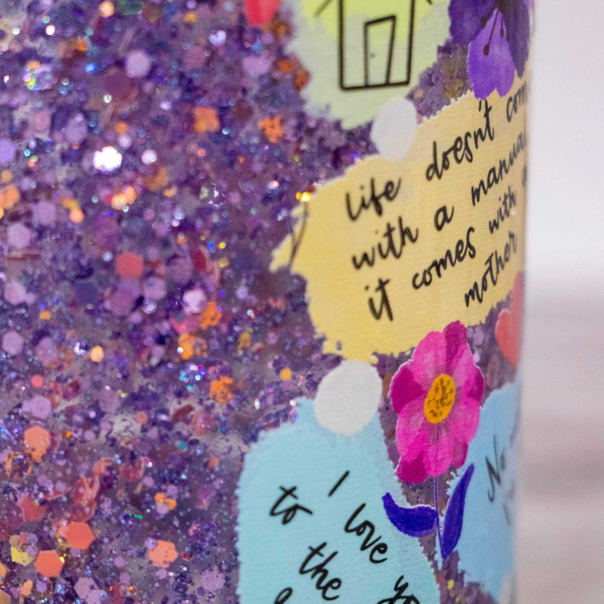 Best Mom Ever pink and purple glitter snow globe tumbler with heartfelt message and slow-flow glitter design