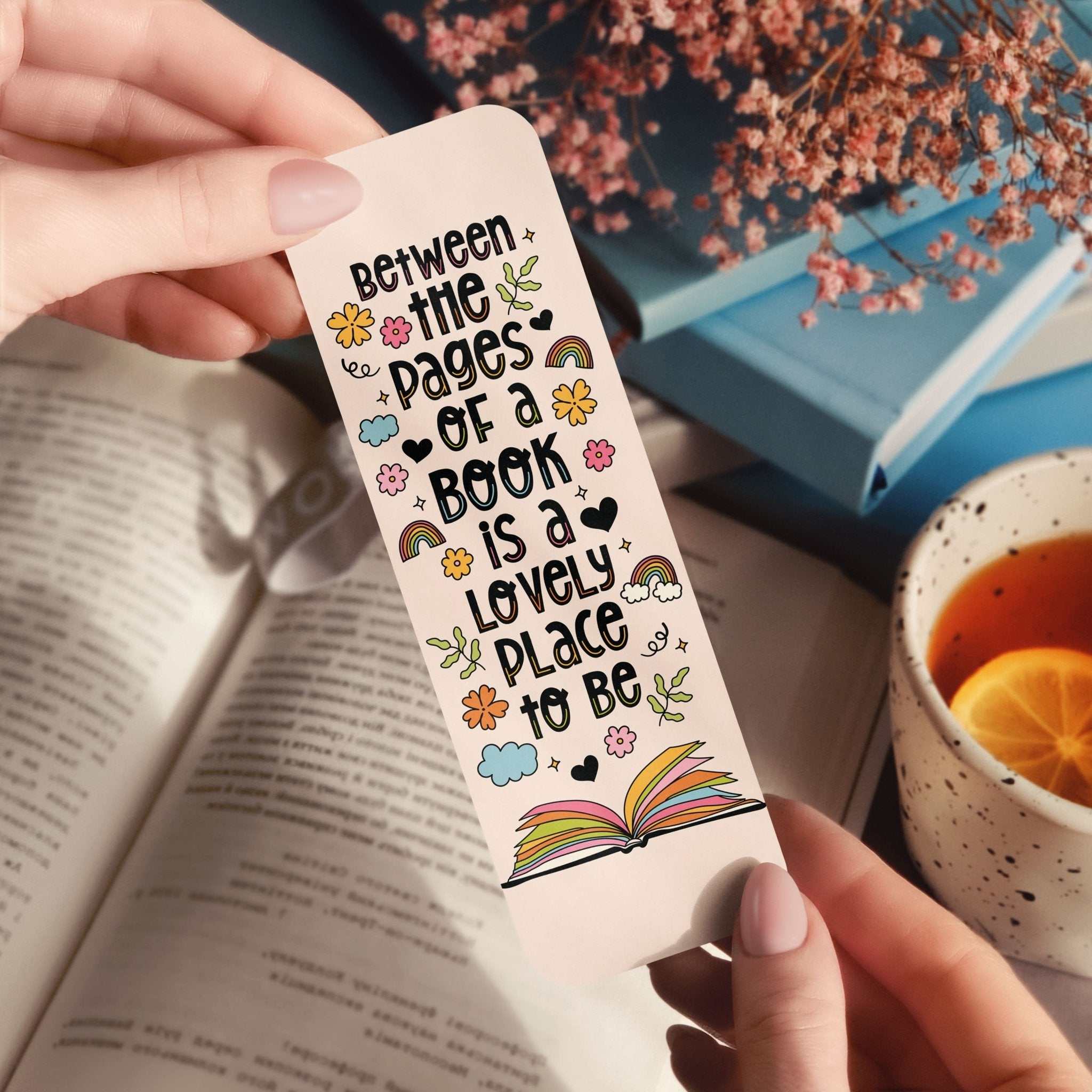 Whimsical reading bookmark with magical book-themed design and holographic finish options