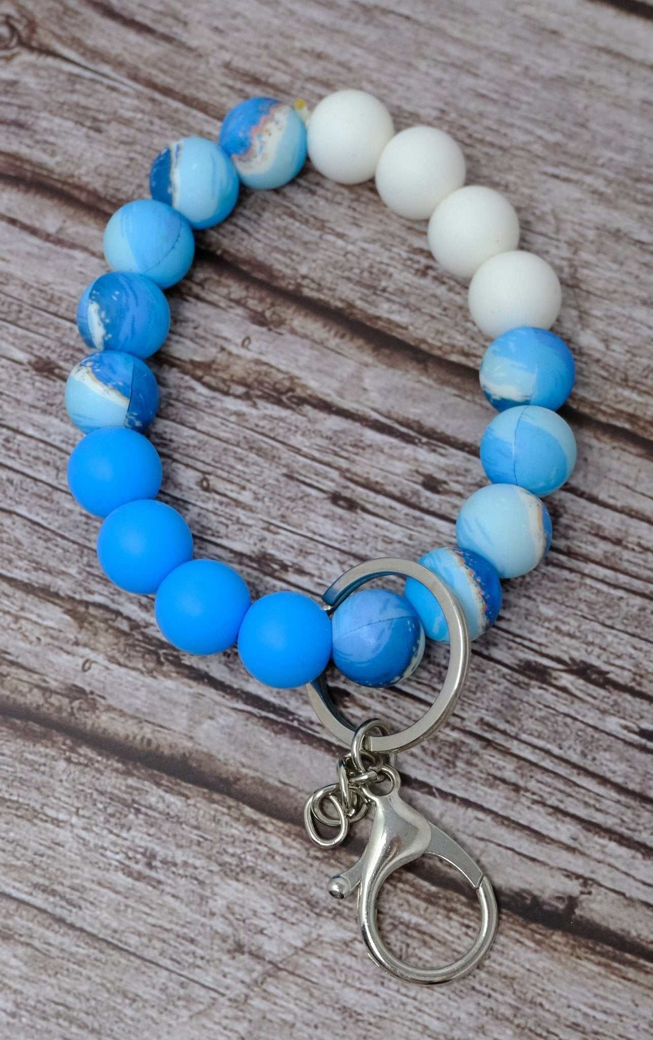 Blue ocean beaded wristlet keychain with silicone beads and silver lobster clasp
