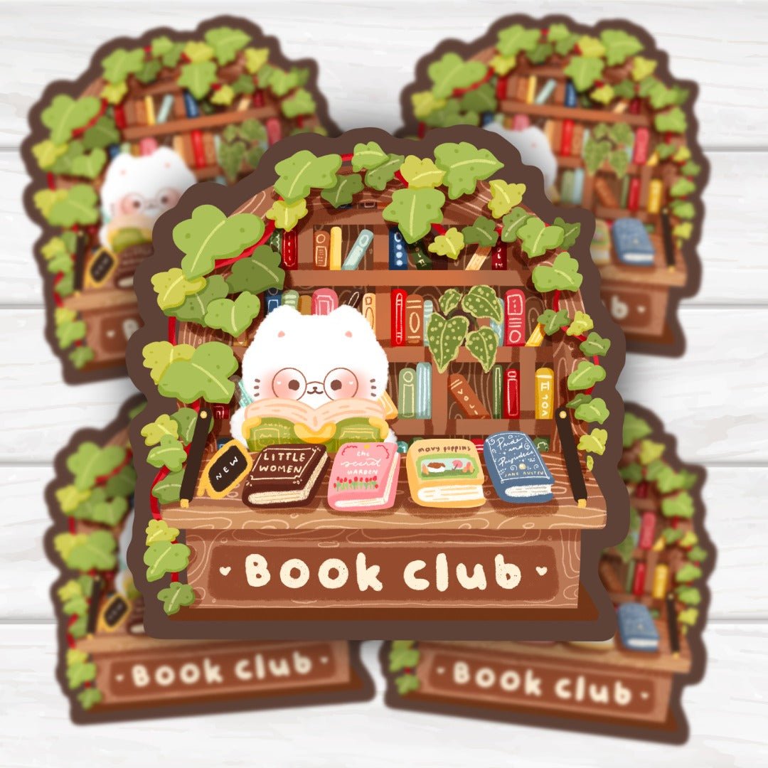Book Club Kawaii Cat Bookstore and Vines Book Lover Sticker - HoneySkunk