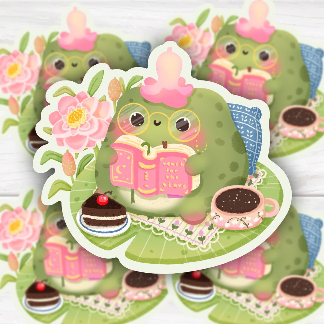 Bookish Kawaii Frog with Flowers Sticker - HoneySkunk