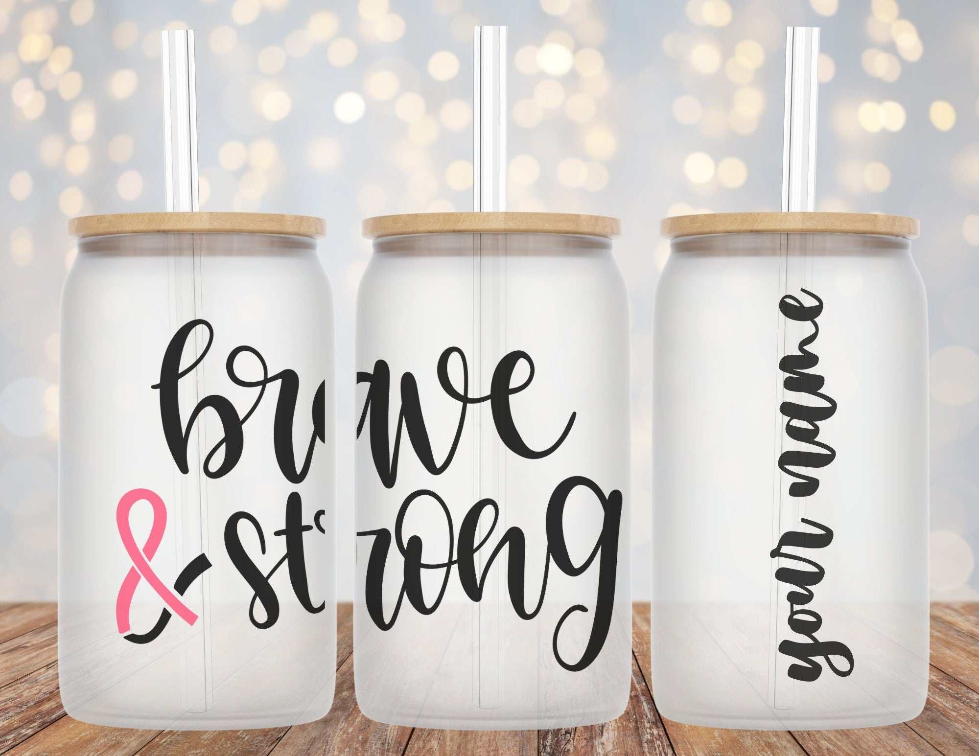 Brave and Strong Breast Cancer pink ribbon 16oz Libby glass beer can cup with straw and optional lids