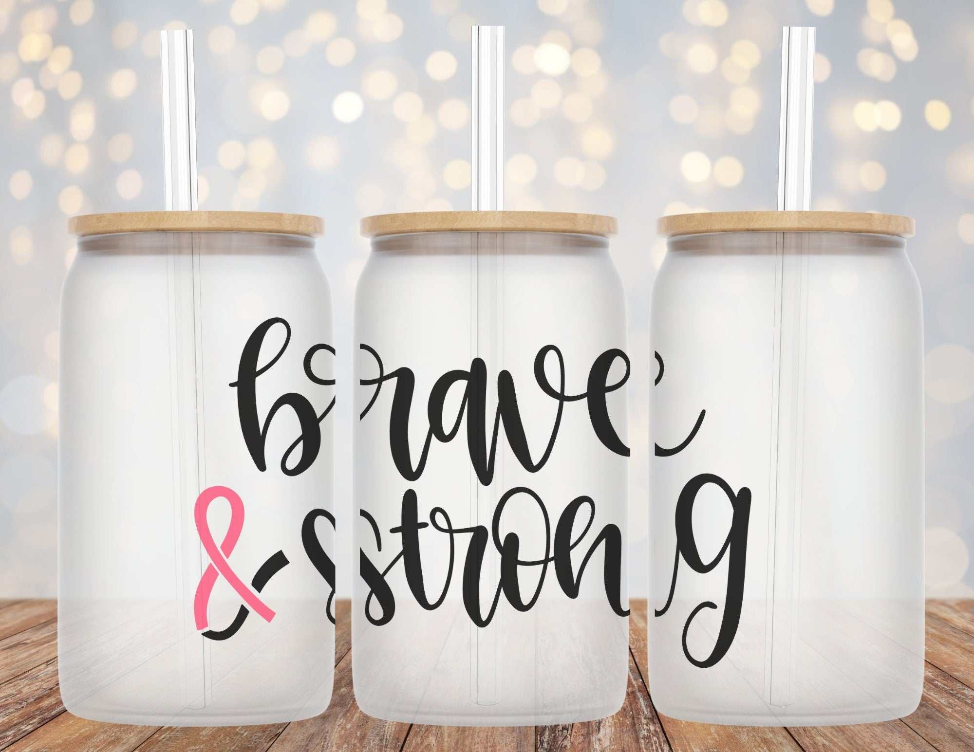 Brave and Strong Breast Cancer pink ribbon Libby glass beer can cup 16oz with optional lid and straw