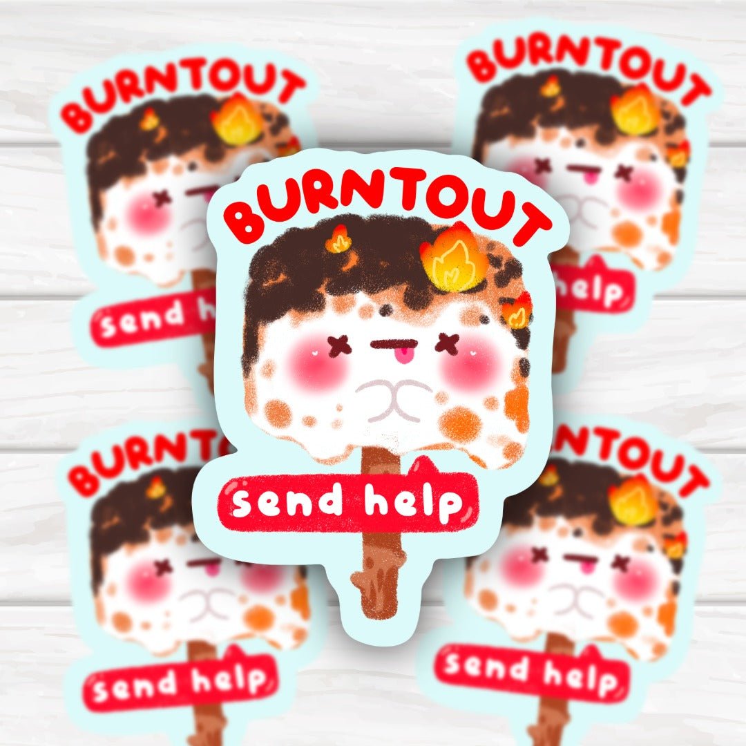 Burnt Out Send Help Burned and Flaming Marshmallow Sticker - HoneySkunk