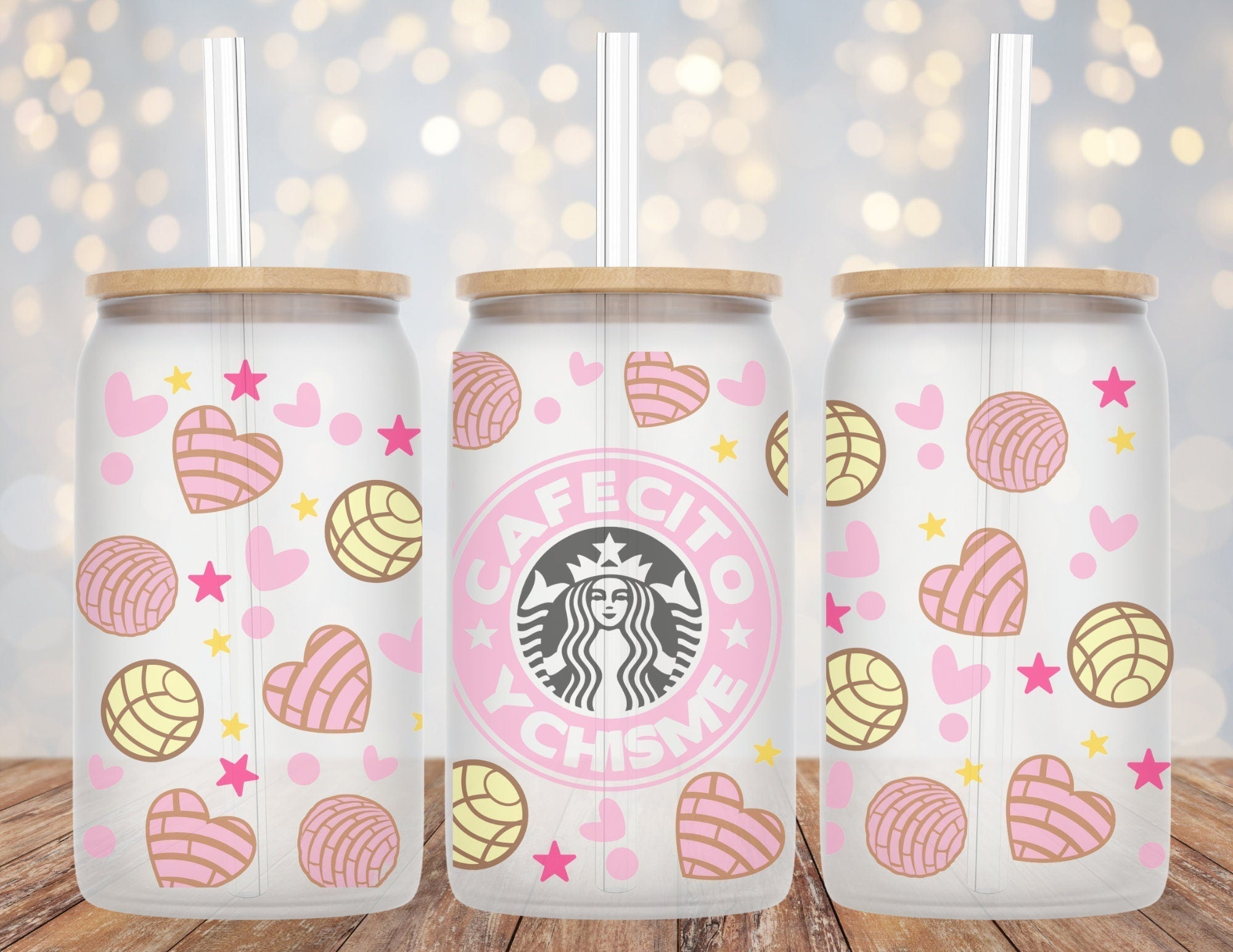 Cafecito Y Chisme Libby glass can cup with straw and bamboo lid options for iced drinks